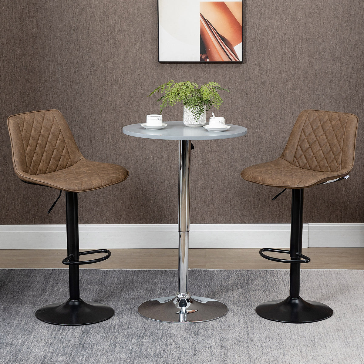 Conjunto de Bancos de Bar Estofados em PU Bancos Altos de Sala de Jantar com Altura Ajustável Assento Giratório e Apoio para os Pés Carga Máxima 120kg 46,5x51x86-106cm Marrom — foto 2