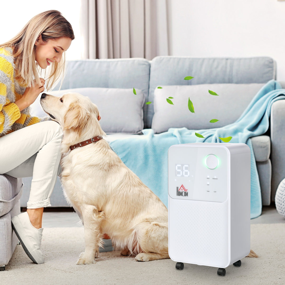 Desumidificador Elétrico 2000ml 12L/Dia com 4 Modos 2 Velocidades Tela LED Luzes Indicadoras Temporizador e Rodas Silencioso para Casa 28x20x50,5cm Branco — foto 2