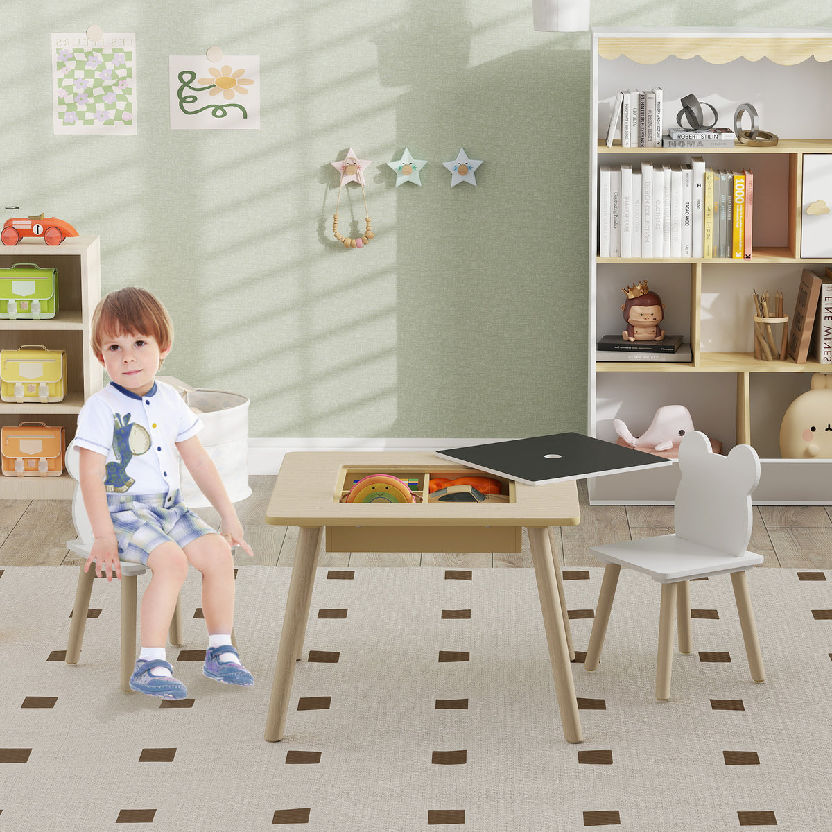 Conjunto de Mesa e 2 Cadeiras de Madeira Mesa Infantil com Cadeiras com Encosto em Forma de Ursinho e Compartimentos Ocultos para Crianças para Escola Infantil Quarto Madeira e Branco — foto 2