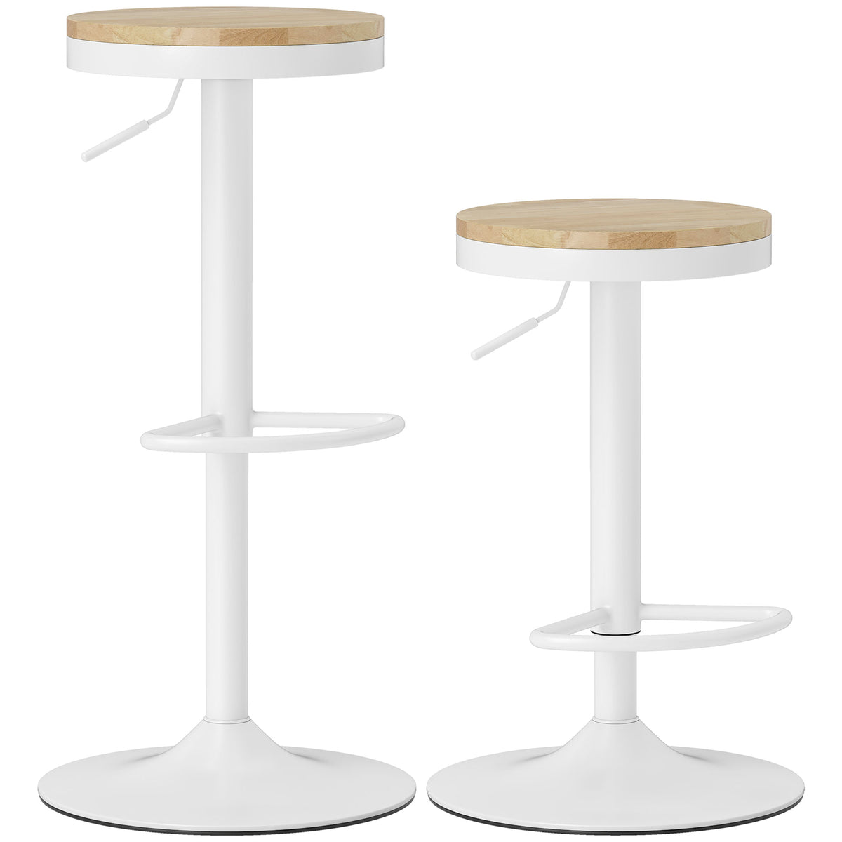 Conjunto de 2 Bancos de Bar Giratórios Bancos Altos de Cozinha com Altura Ajustável Assento em Madeira Estrutura em Aço e Descanso para Pés para Sala de Jantar Balcão 38,5x38,5x60-80 cm Madeira e Branco — foto 1