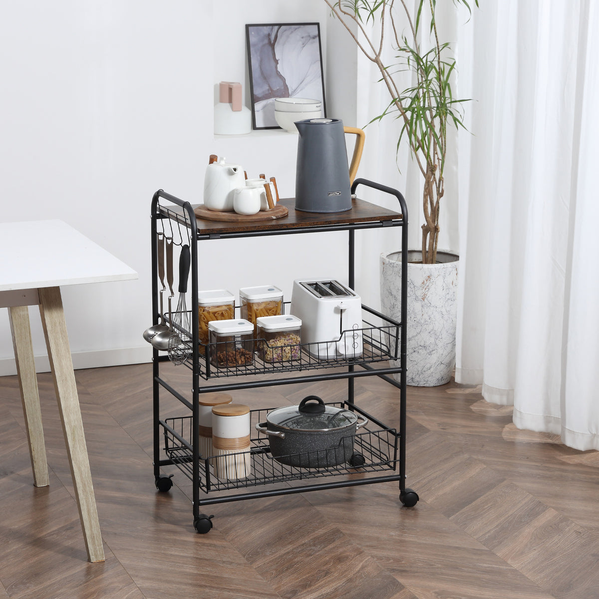 Carrinho de Cozinha com Rodas Carrinho Auxiliar de 3 Níveis com 2 Cestas e 4 Ganchos para Cozinha Sala de Jantar 60x38x85,5 cm Castanho Rústico — foto 2