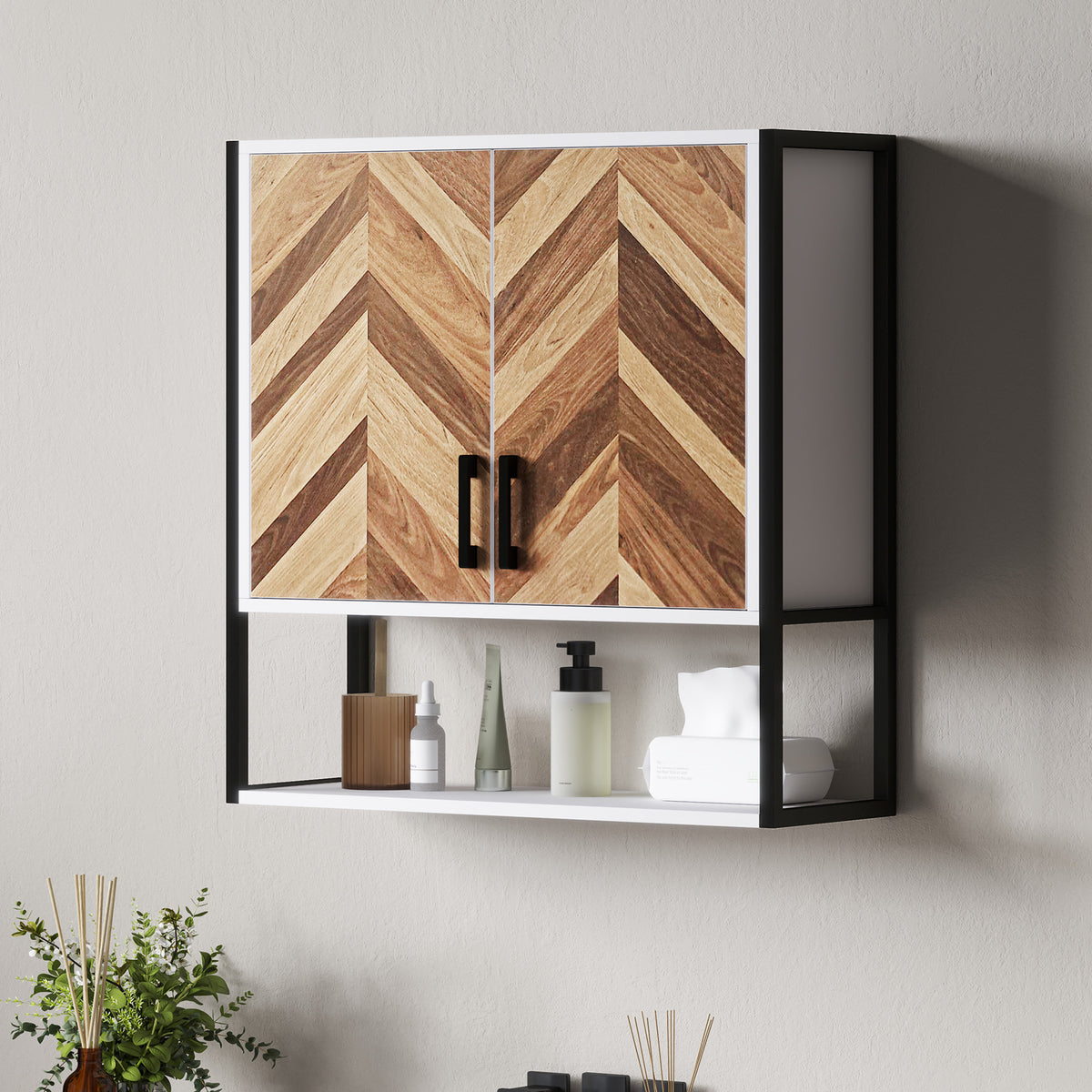 Armário de Parede para Casa de Banho Móvel Casa de Banho de Parede Armário Suspenso de Arrumação com 2 Portas Prateleiras Ajustáveis e Prateleira Aberta 59x20x60 cm Branco e Madeira — foto 2