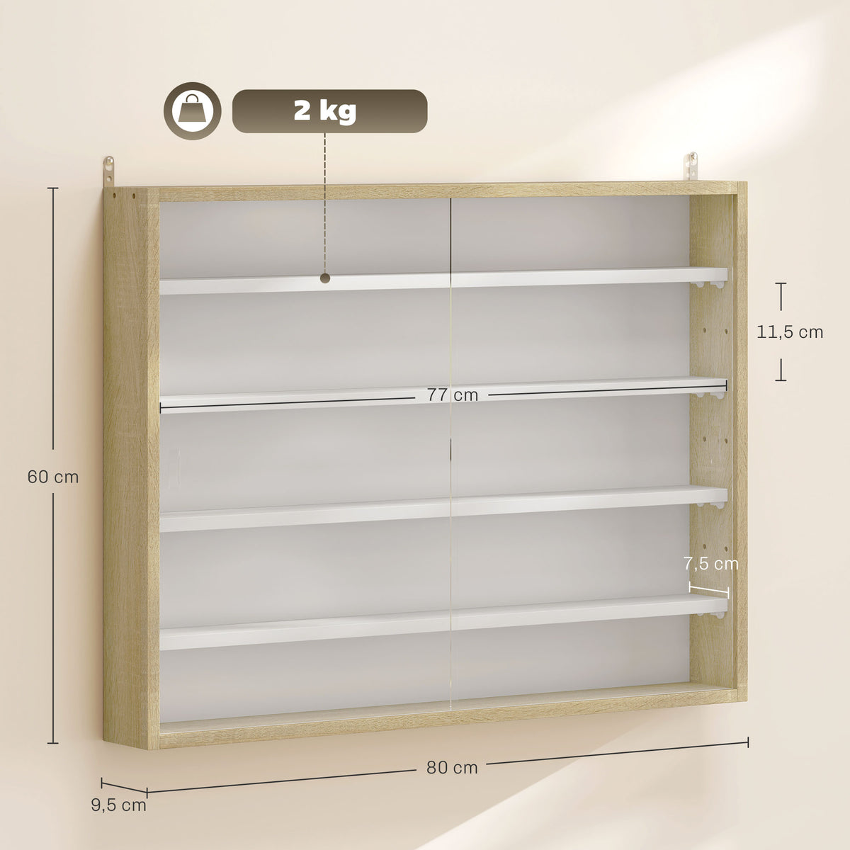 Vitrine de Parede de Madeira com Prateleiras Ajustáveis e 2 Portas Corredeiras de Vidro para Coleções Perfumes Bonecos de Decoração 80x9,5x60cm Madeira e Branco — foto 3