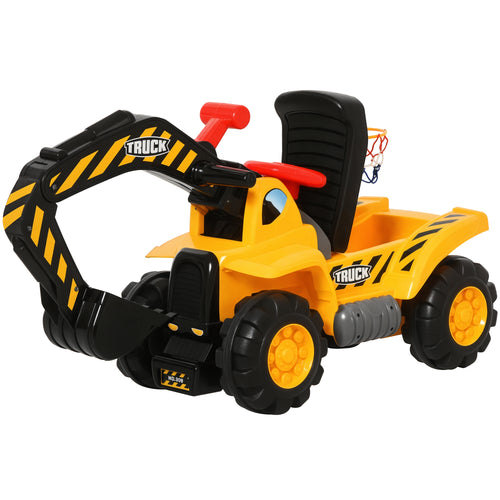 4 em 1 Escavadeira Brinquedo para Crianças Acima de 3 Anos Trator Infantil com Pá Caixa de Armazenamento Escondido Cesta de Basquete Volante Rotativo 98x30x46cm Amarelo — foto 1