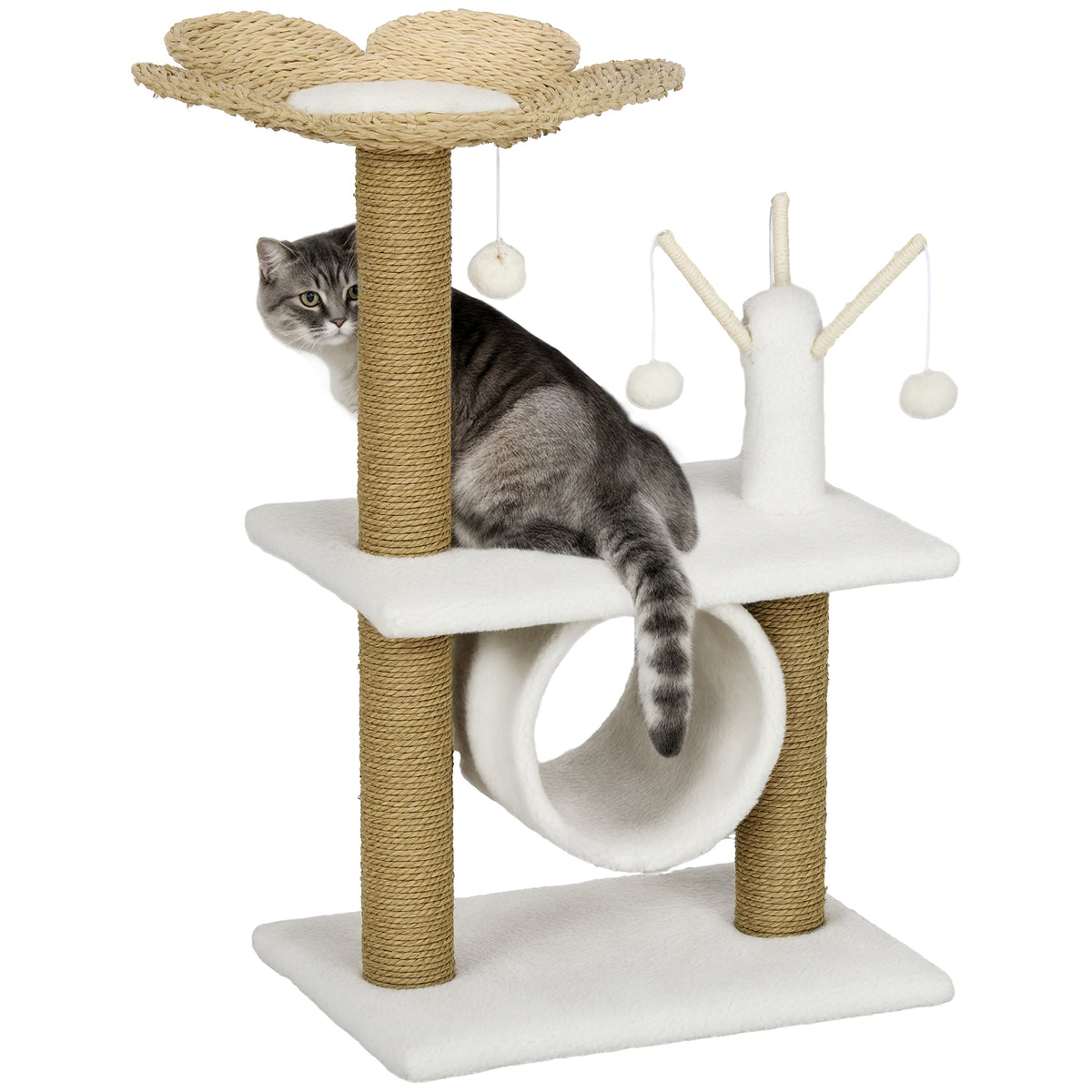 Árvore Arranhador para Gatos Médios Altura 91cm Torre para Gatos com Cama em Forma de Flor Plataformas Postes de Arranhar Túnel e Bolas Suspensas 56x40x91cm Branco e Bege — foto 1