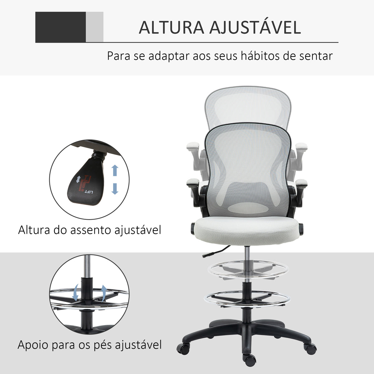 Cadeira de Escritório com Encosto Médio Suporte Lombar Apoio para os Braços Dobrável e Altura Ajustável Carga Máxima 120kg 59x65x102-122 cm cinza Claro — foto 4
