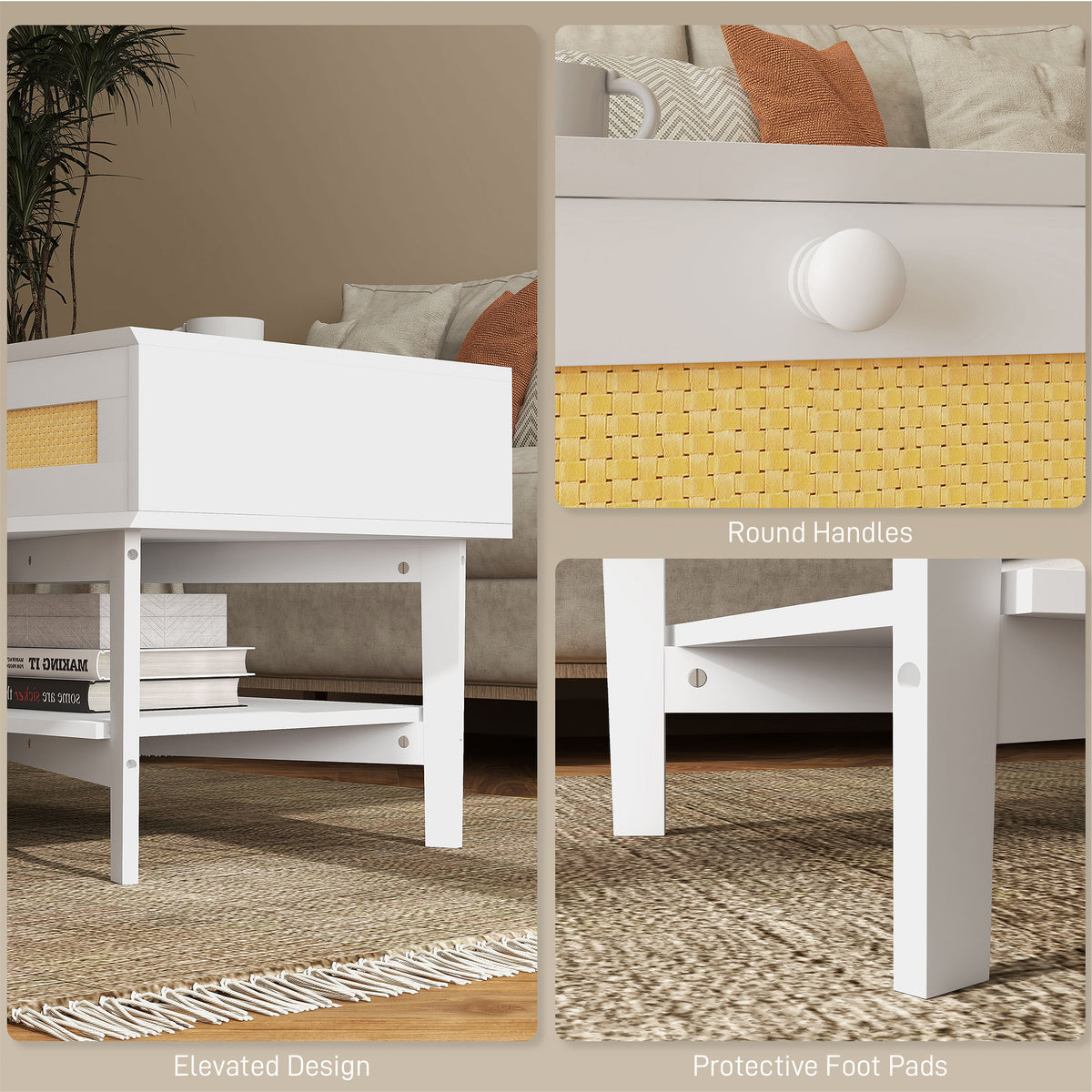 Mesa de Centro com 2 Gavetas Decorativas de Vime e Prateleira de Armazenamento Inferior para Sala de Estar Escritório Carga 50 kg 100x50x50 cm Branco — foto 6