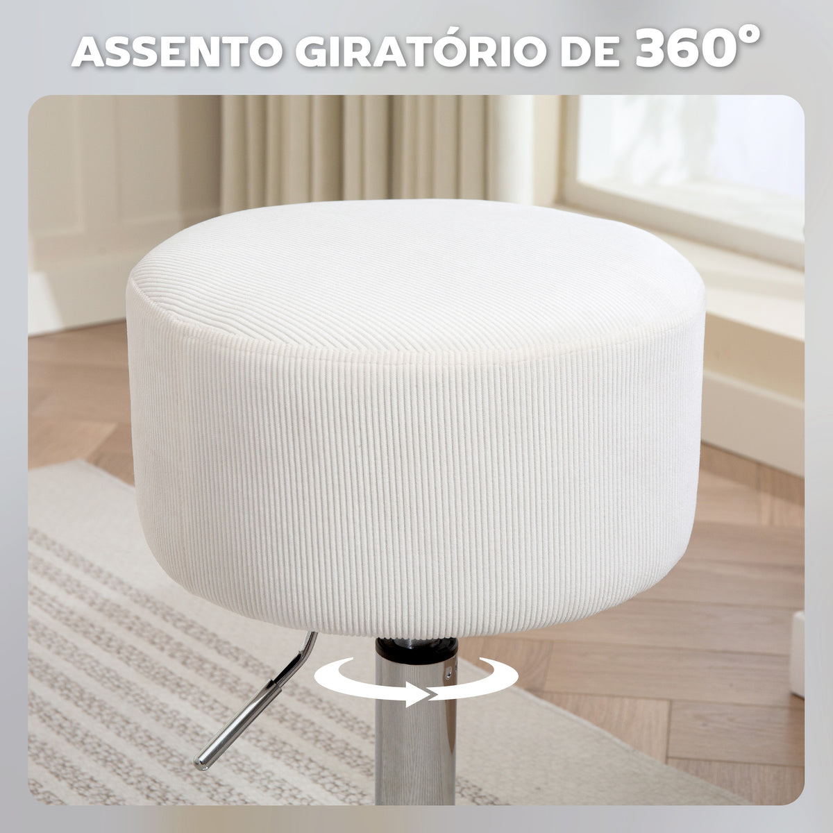 Banco de Bar Giratório Banco Alta de Cozinha Ajustável em Altura 52-66 cm Estofado em Veludo Giratória a 360° para Sala de Jantar Tocador Balcão Branco — foto 5