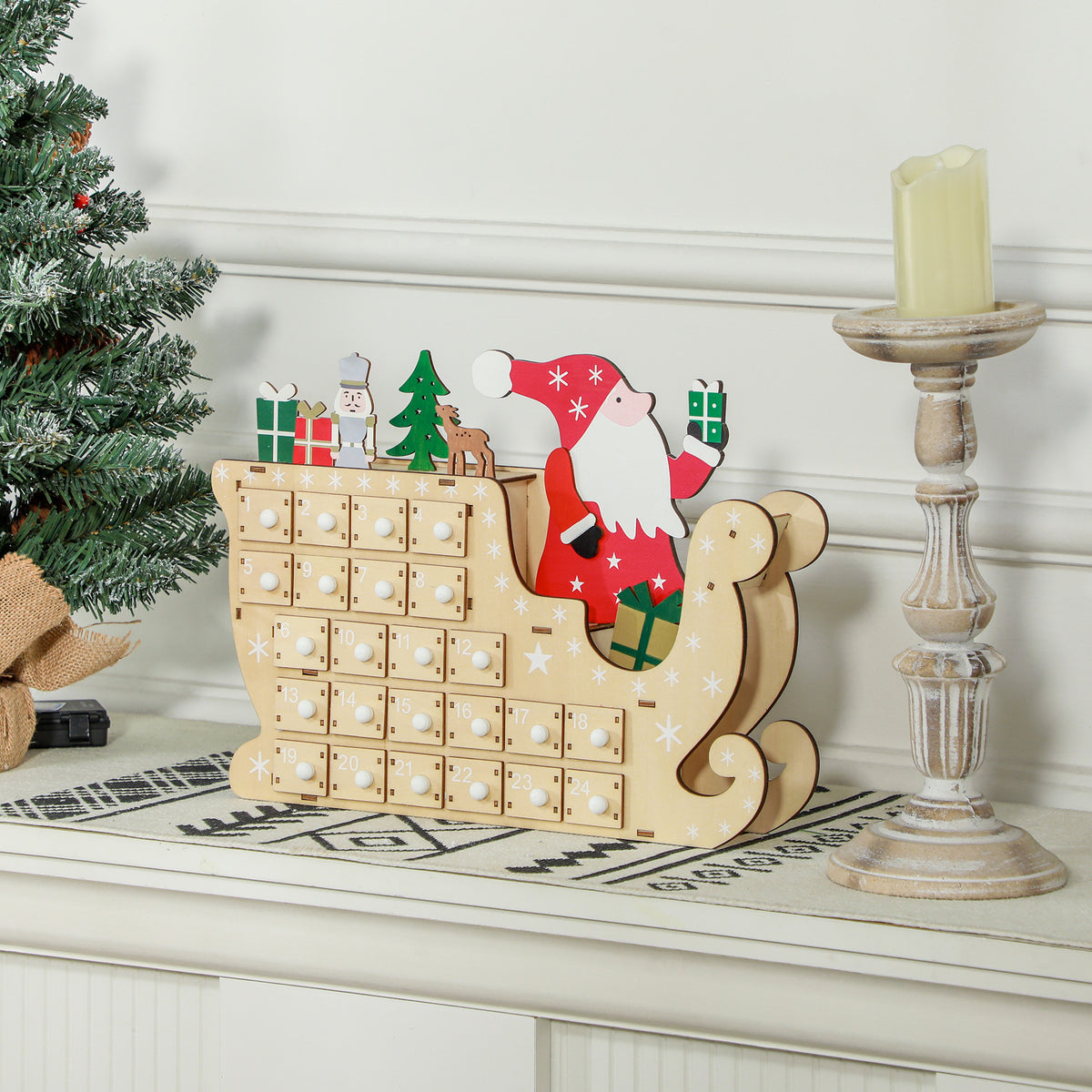 Calendário do Advento de Madeira com 24 Gavetas Calendário do Advento de Natal Decorado com Pai Natal no Trenó Decoração de Natal 22,5x8x36 cm Madeira e Vermelho — foto 2