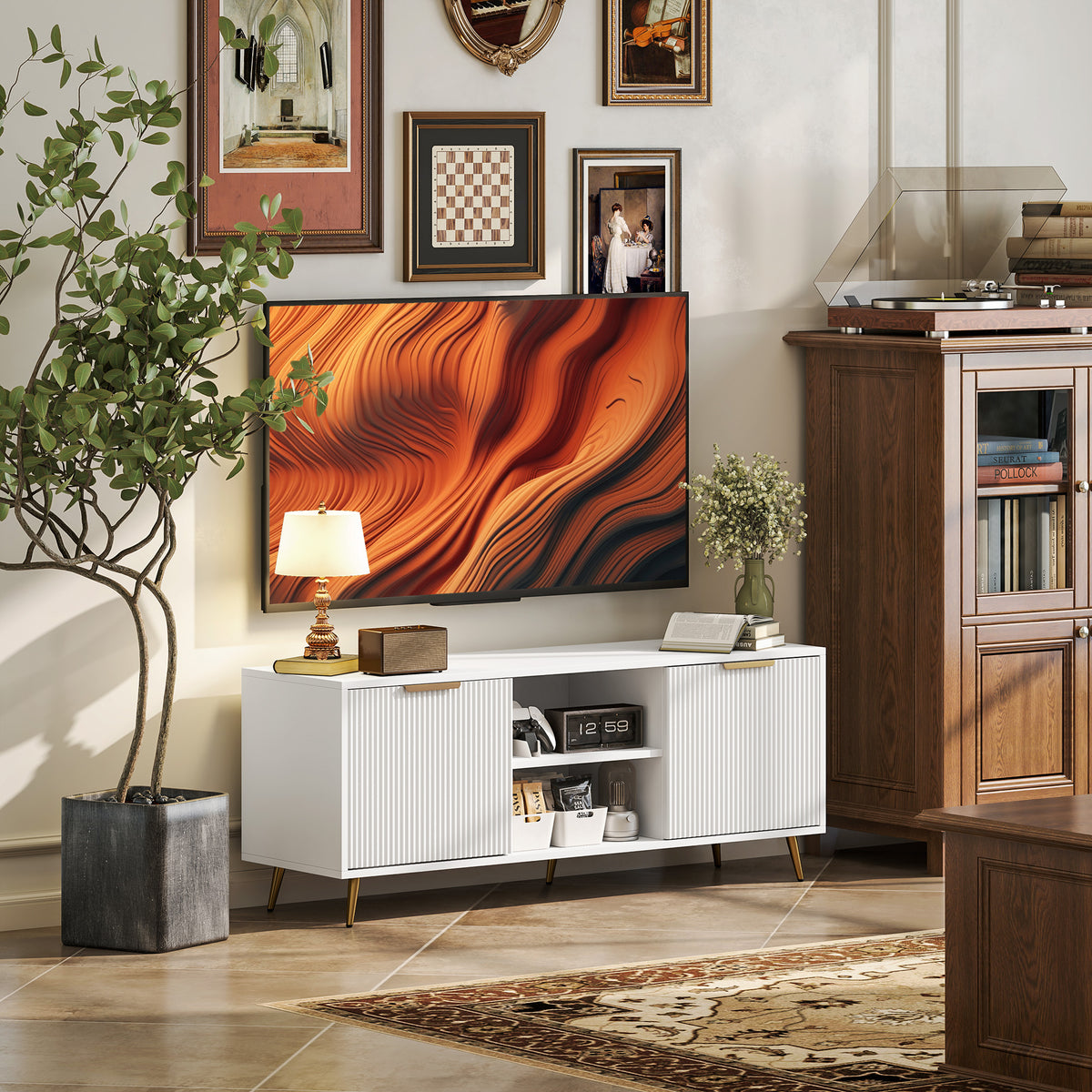 Móvel de TV Moderno Móvel de TV para Sala de Estar com 2 Compartimentos Abertos e 2 Portas Móvel para Televisores de 55 Polegadas 120x35x48 cm Branco — foto 2