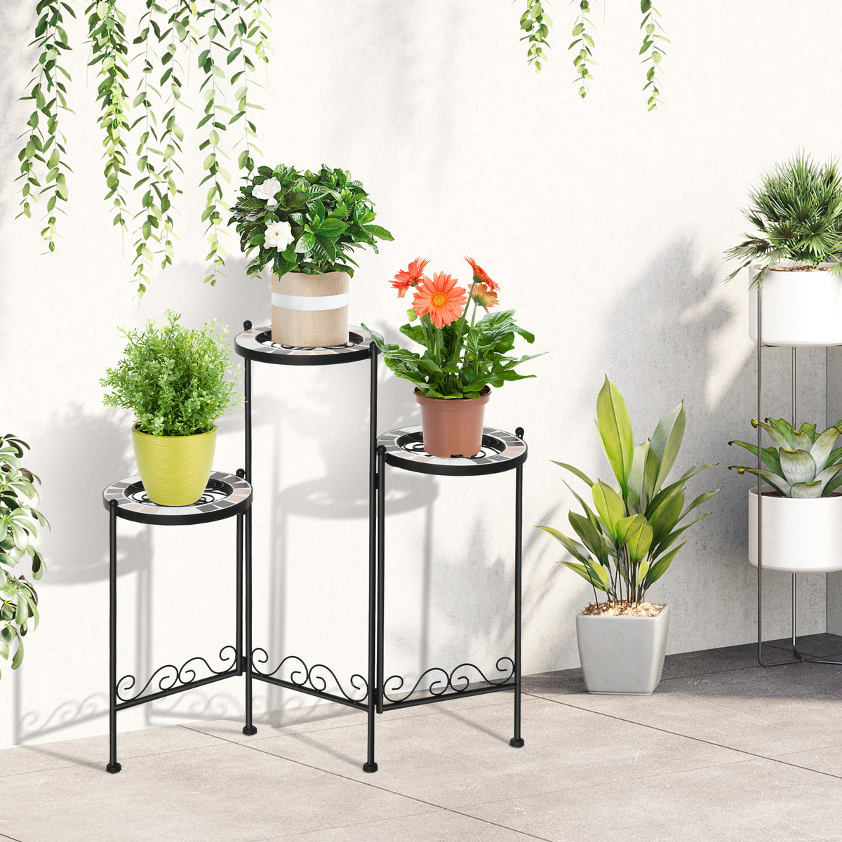 Suporte de Metal para Plantas Dobrável Suporte para Flores com 3 Prateleiras com Bordas de Azulejo para Decoração de Interiores e Exteriores 60x22x65cm Preto — foto 2