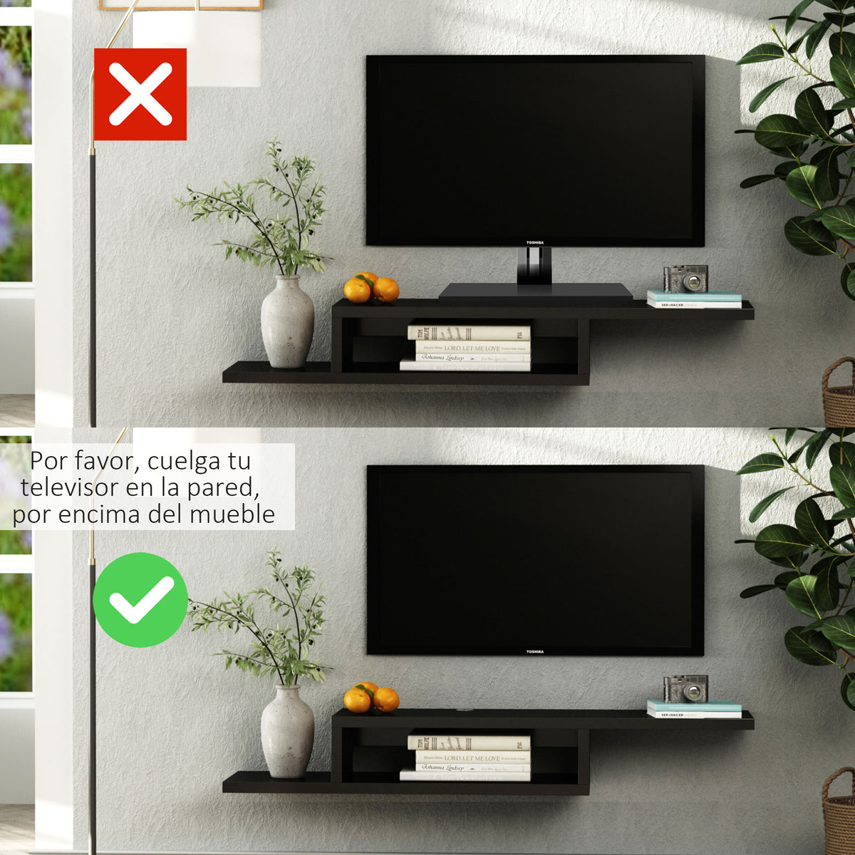 movel flutuante de TV para televisão de até 60 polegadas com 2 prateleiras de madeira 152,4x29,8x21 cm Preto — foto 5