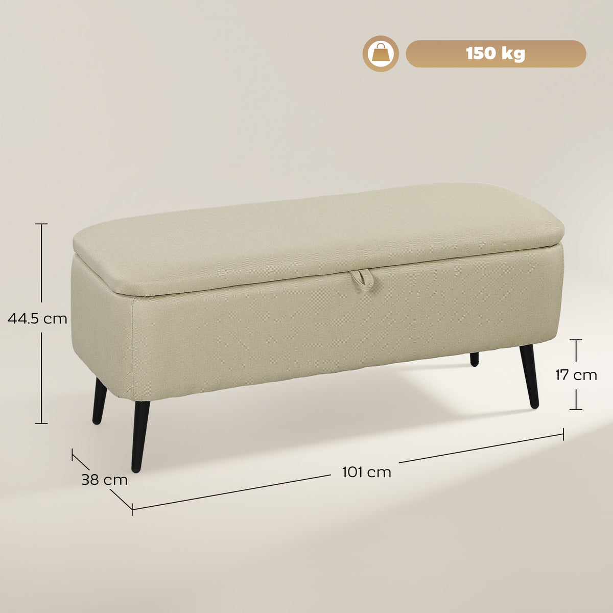 Banco de Armazenamento Estofado em Linho com Tampa Abatível e Pés de Aço para Dormitório Sala de Estar Entrada Carga Máxima 150kg 101x38,5x44,5 cm Bege — foto 3