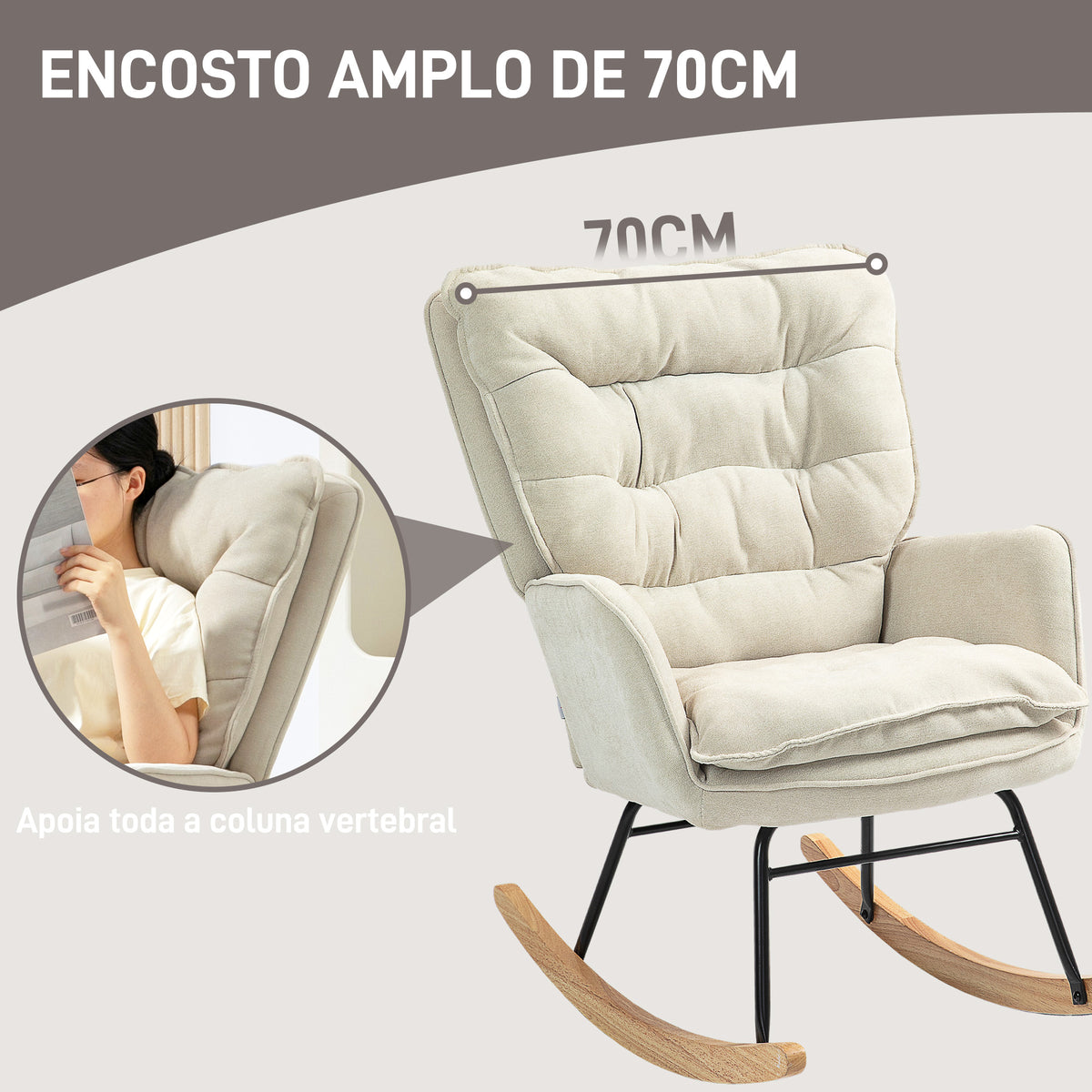 Poltrona Baloiço Estofada em Chenilla Cadeira Baloiço com Pés de Madeira de Faia e Apoio para os Braços para Lactância Carga 120 kg para Dormitório Sala de Estar 71x98,5x97 cm Bege — foto 5