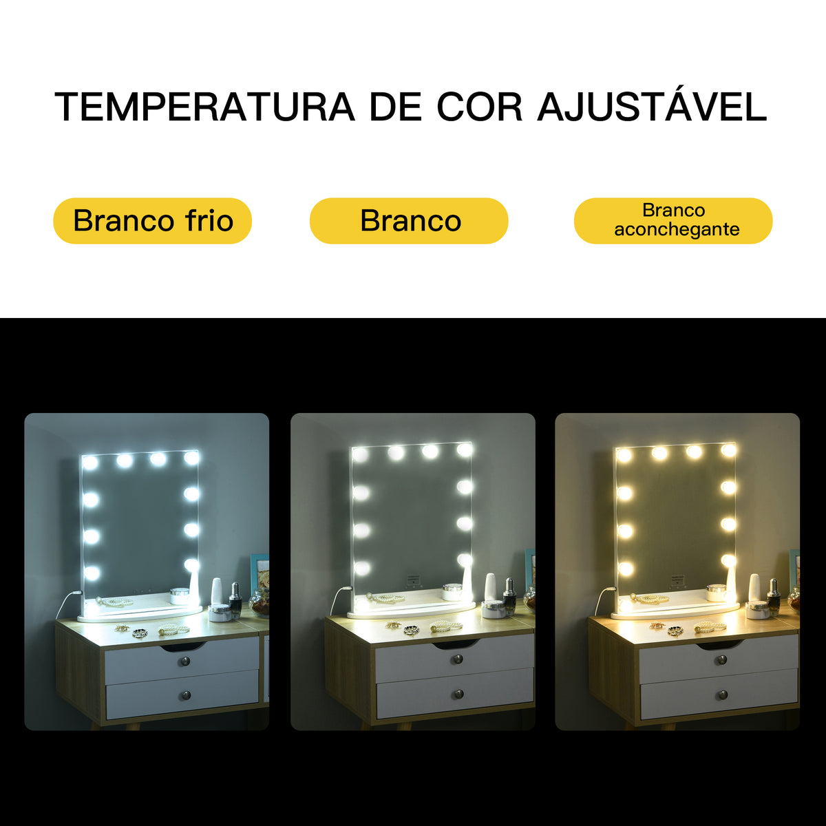 Espelho de maquiagem estilo hollywood Espelho de penteadeira com 12 luzes LED ajustáveis ​​em temperaturas de cor e brilho Interruptor de toque 41.5x13.5x51cm Branco — foto 5