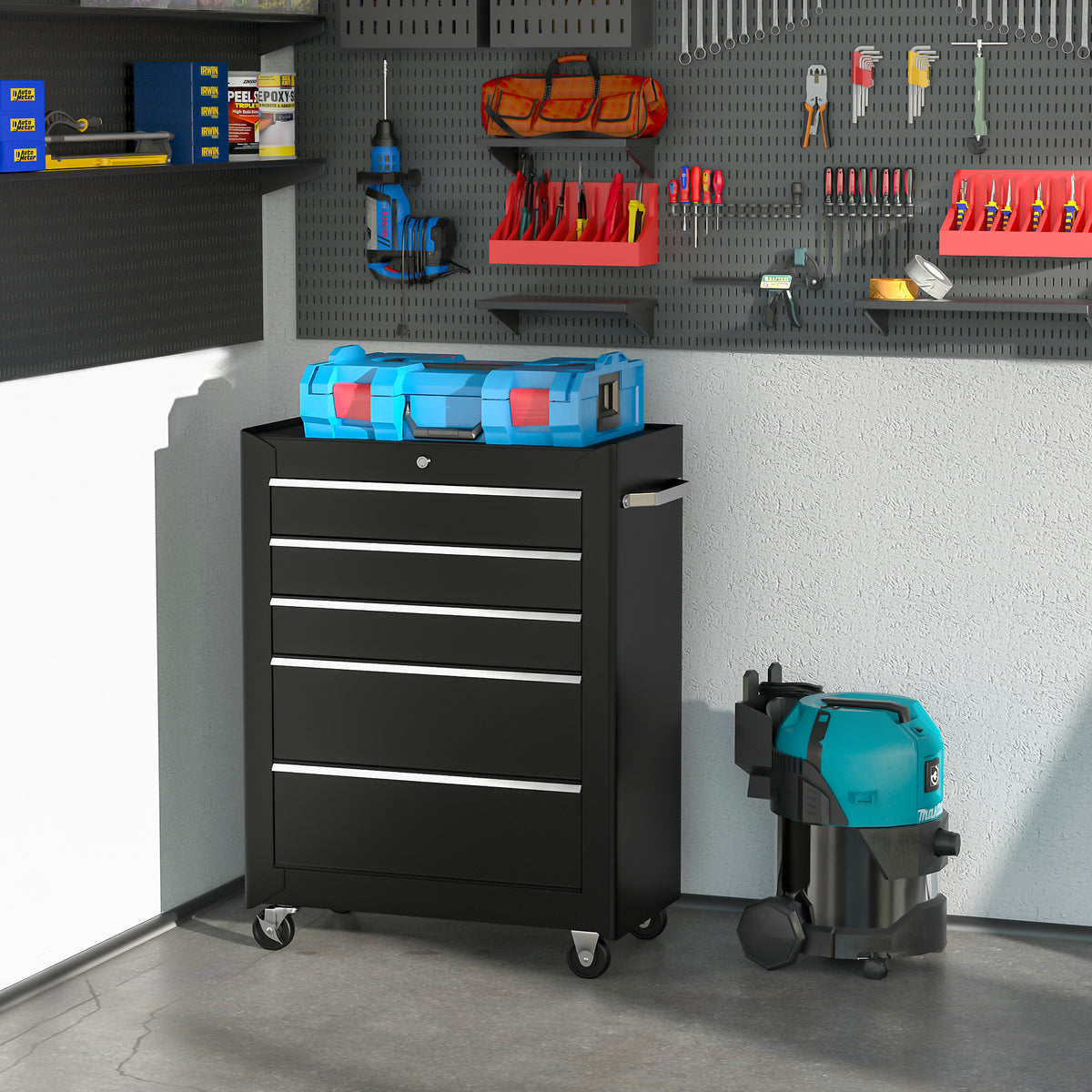 Carrinho de Ferramentas para Oficina com Rodas e 5 Gavetas Carrinho de Ferramentas com Fechadura e Alça Lateral 61,5x33x85 cm Preto — foto 2