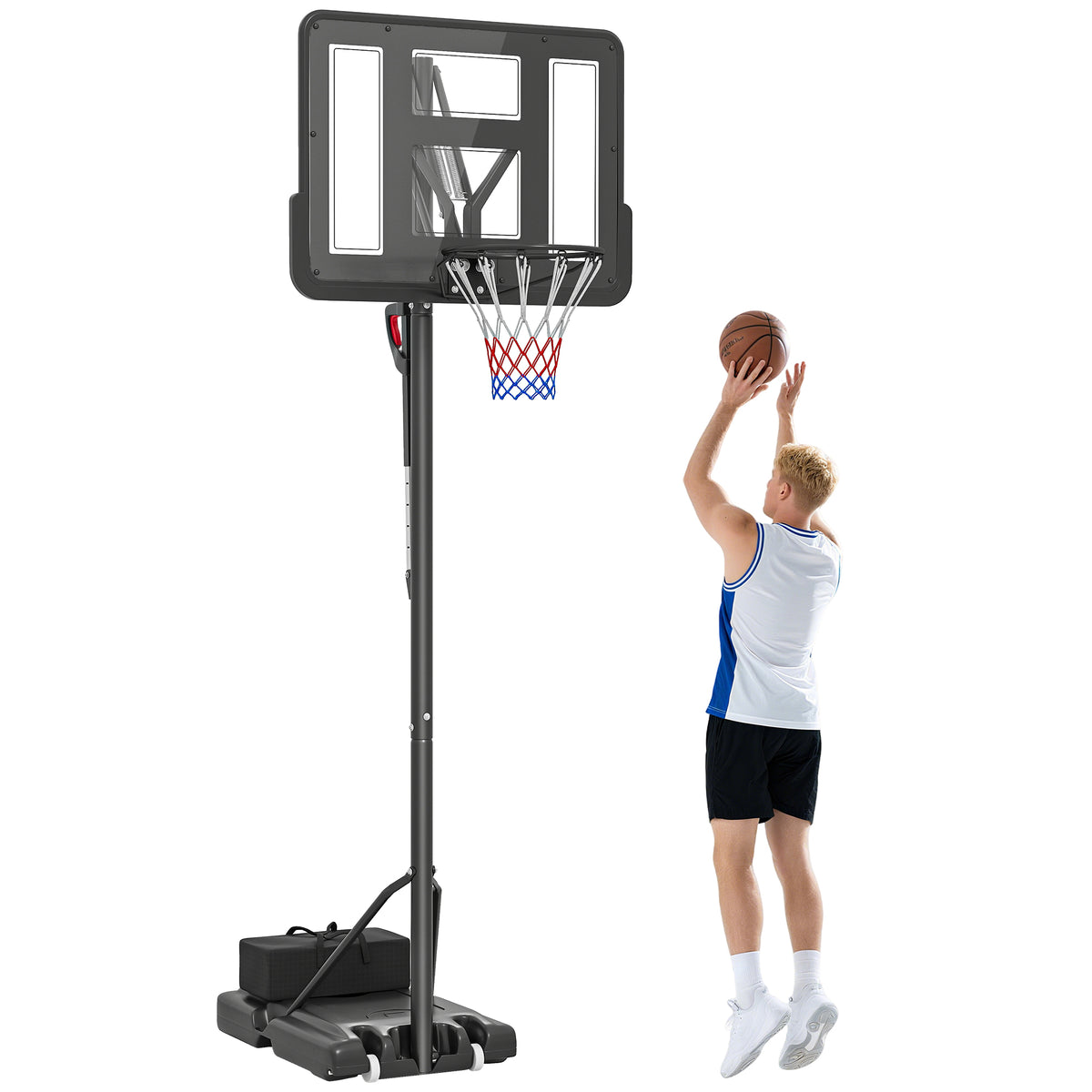 Tabela de Basquetebol de Exterior com Altura Ajustável 235-305 cm Tabela de Basquetebol com Suporte Rodas Base Recarregável e Bolsa de Peso 90x60x305 cm Preto — foto 1