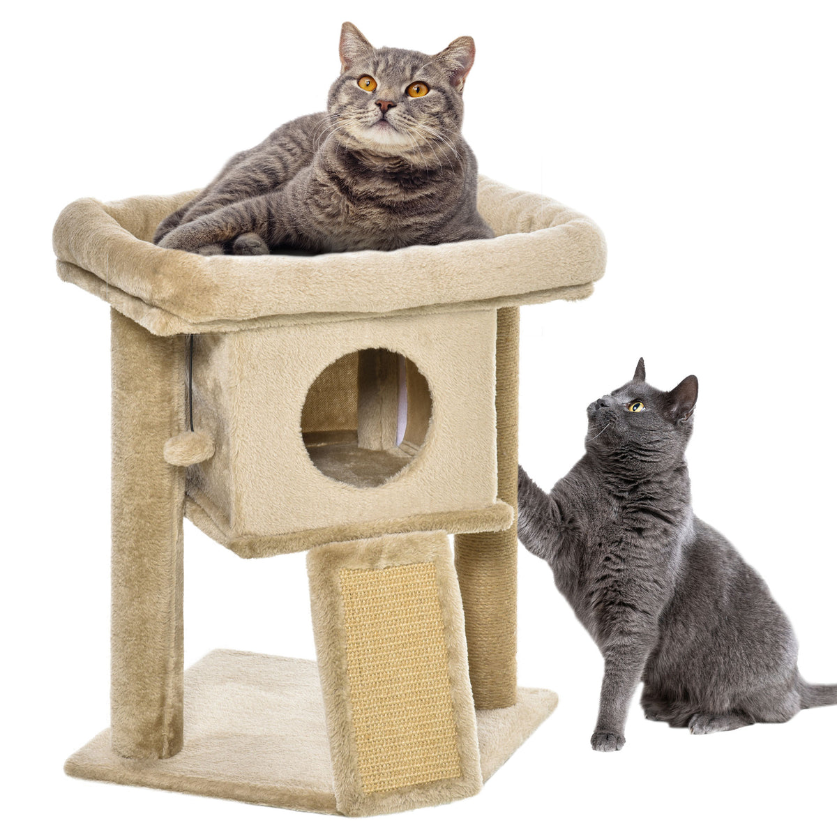 Árvore Arranhadora para Gatos Pequenos 57 cm, Torre para Gatos com Poste de Sisal, Rampa para Arranhar, Gruta, Cama e Bola Suspensa, 40x40x57 cm, Castanho — foto 1