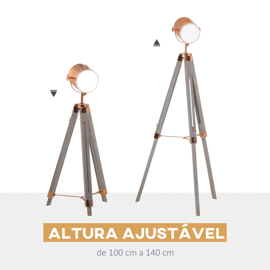 Candeeiro de Pé com Tripé de Madeira Suporte para Lâmpada E14 Máx. 25W IP20 Altura Ajustável Interruptor de Pé Candeeiro de Pé para Sala de Estar Dormitório Escritório Ø65x100-140cm Madeira Envelhecida e Ouro Rosa — foto 4