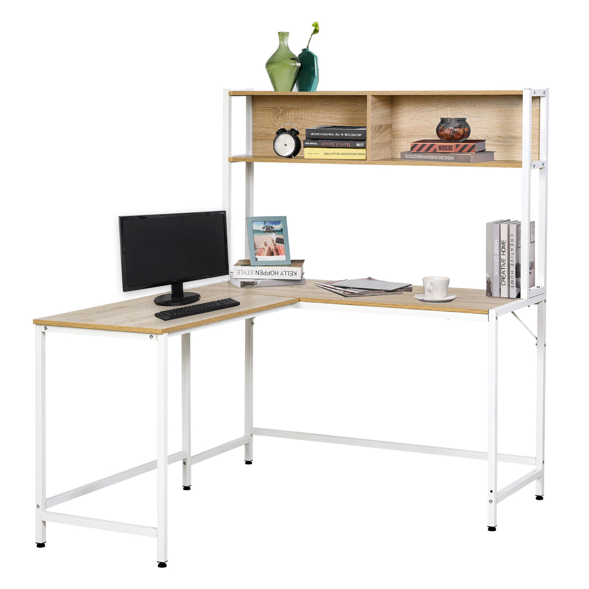 Secretária em Forma de L Multifuncional Secretária para Escritório ou Estúdio com Prateleiras Altas Amplo Espaço Estilo Minimalista 140x125x149cm Madeira e Branco — foto 1