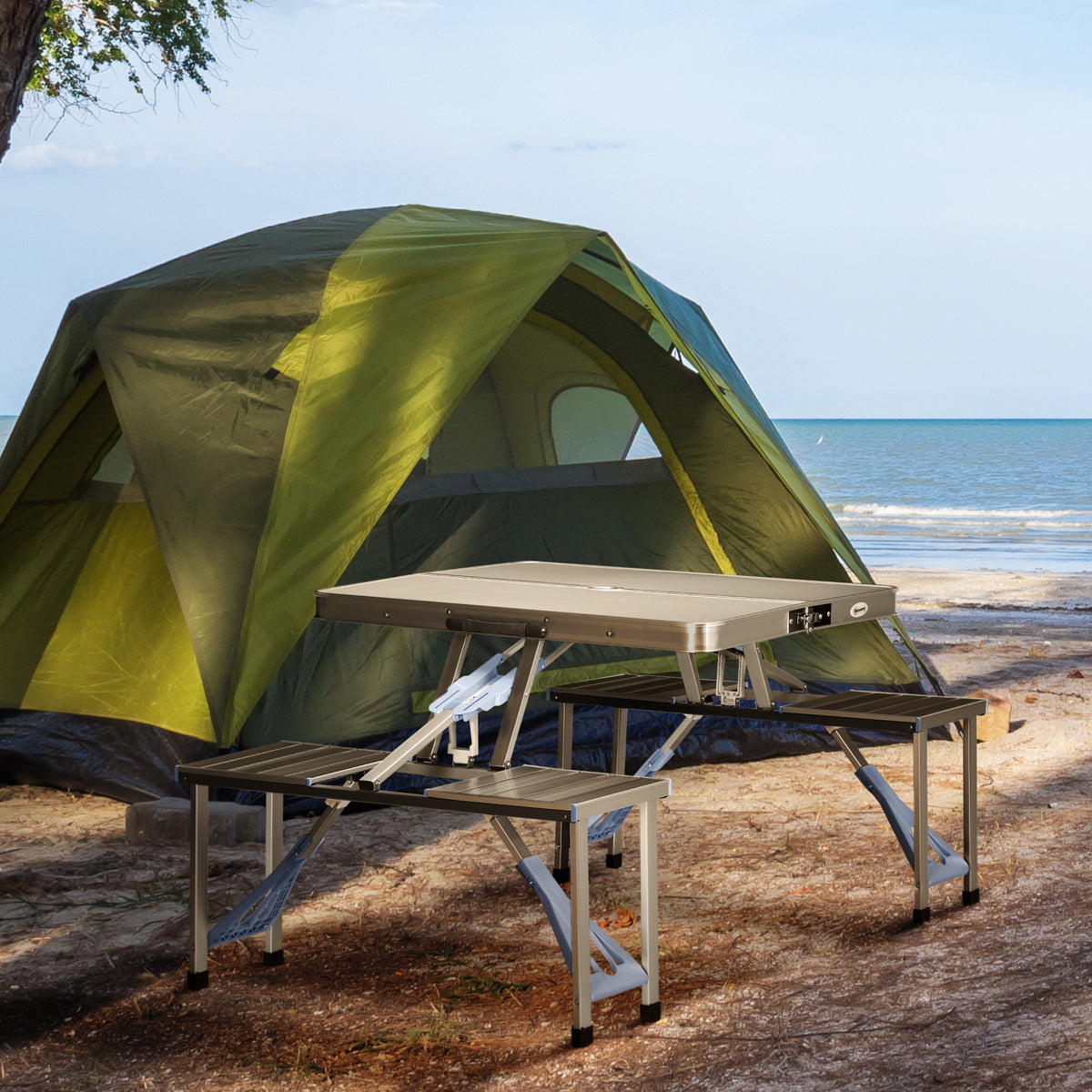 Mesa de Campismo Dobrável com 4 Assentos Orifício para Chapéu de Sol e Estrutura de Alumínio para Praia Piquenique 136x85,5x66cm Prata — foto 2
