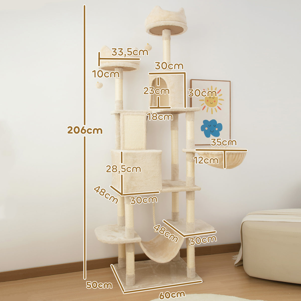 Arranhador para Gatos Grande Altura 173 cm Arranhador para Gatos Torre para Gatos com Plataformas Caverna Bolas Suspensa e Rede Bege — foto 3