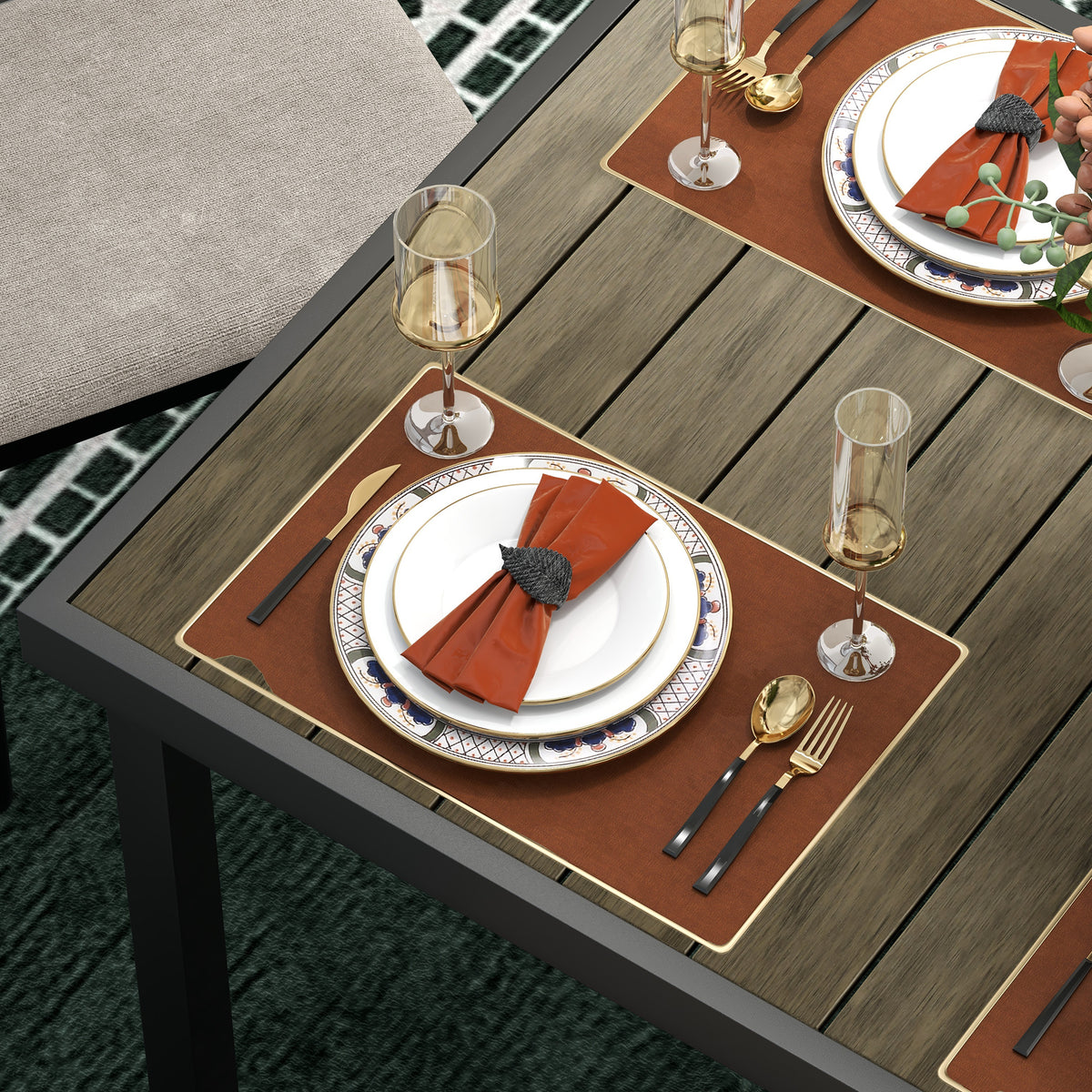 Mesa de Jardim Retangular Mesa de Exterior para 8 Pessoas com Bancada de Ripas e Estrutura de Alumínio para Terraço Balcão 190x90x74 cm Preto e Madeira — foto 7