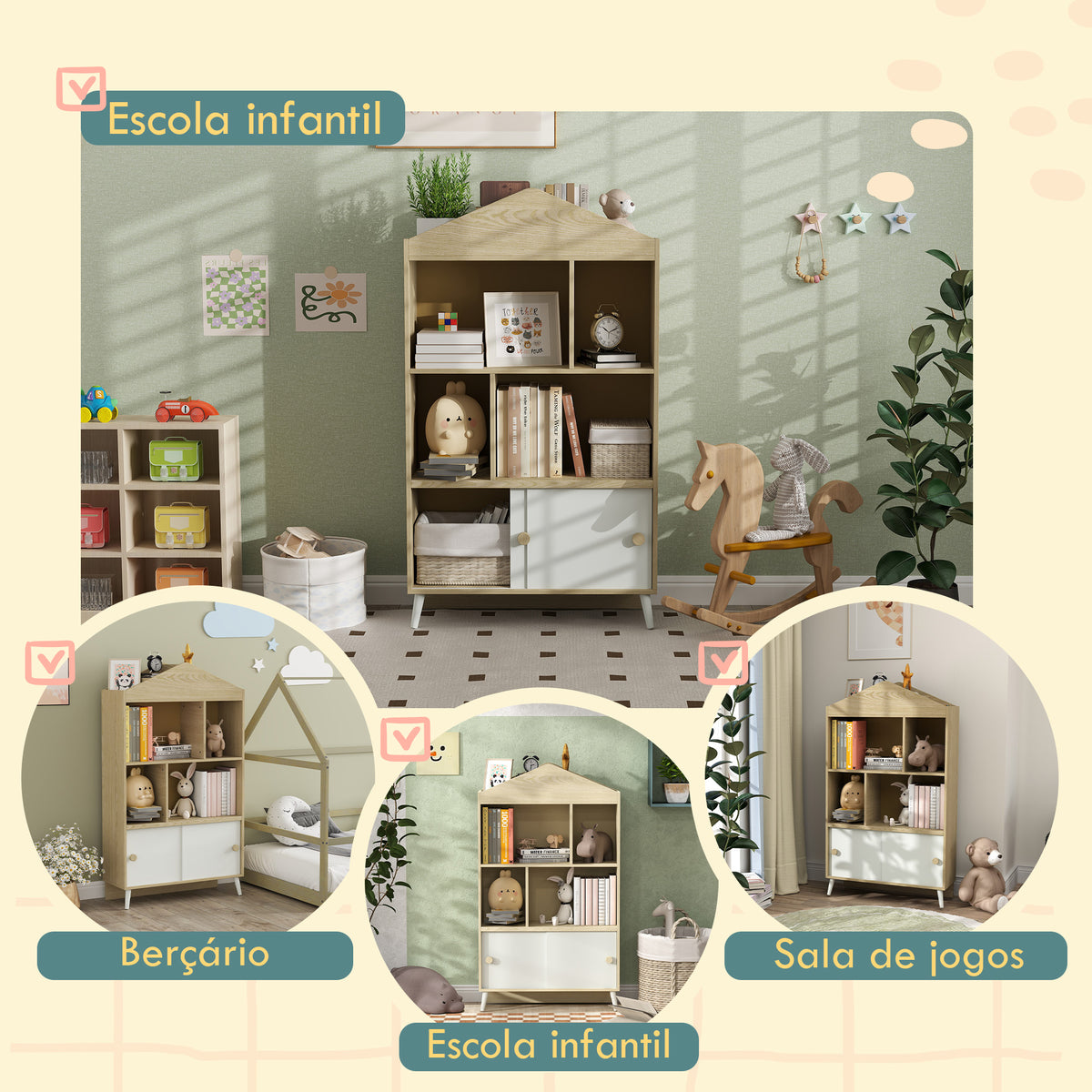 Estante Infantil de Madeira com 4 Compartimentos Estante de Livros para Crianças com Prateleiras Abertas e Armário para Domitório Sala de Jogos 80x30x140,5 cm Branco e Madeira — foto 7
