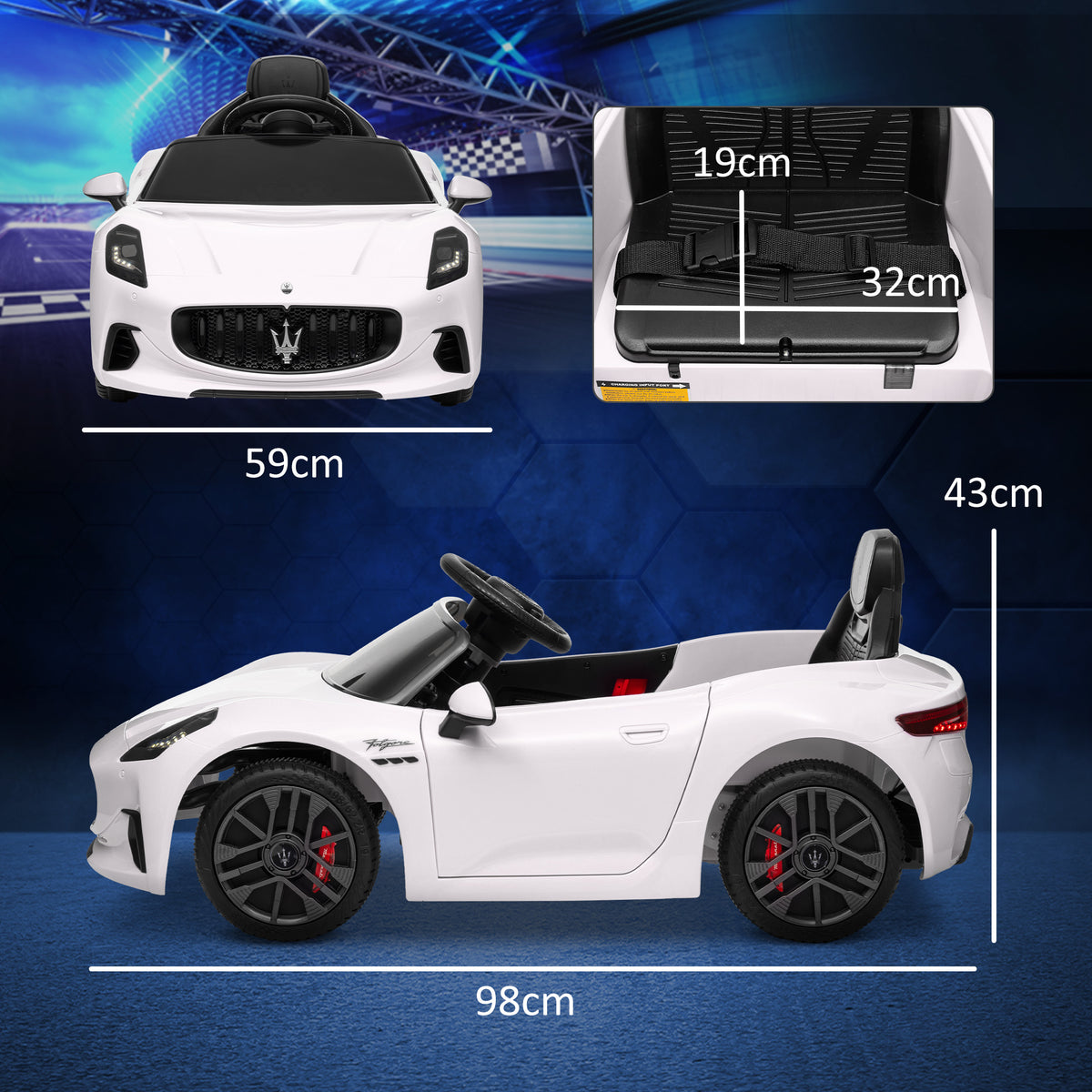 Carro Elétrico para Crianças acima de 3 Anos Carro Maserati Gran Turismo Folgore Carro Elétrico com Bateria 12V Controlo Remoto Faróis Buzina e Música MP3 98x59x43 cm Branco — foto 3