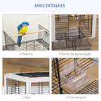 Gaiola para Passáros Gaiola com Teto com Abertura 2 Comedouros 2 Poleiros Bandeja Removível Acrílica e Alça de Transporte para Periquitos Canario 47x35x57,5cm Branco e Preto — foto 7