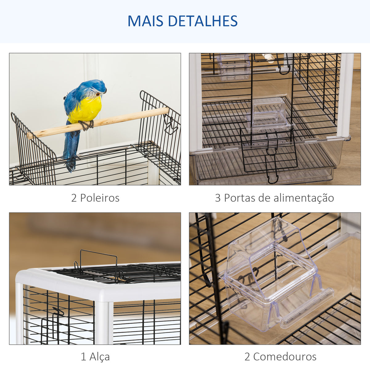 Gaiola para Passáros Gaiola com Teto com Abertura 2 Comedouros 2 Poleiros Bandeja Removível Acrílica e Alça de Transporte para Periquitos Canario 47x35x57,5cm Branco e Preto — foto 7