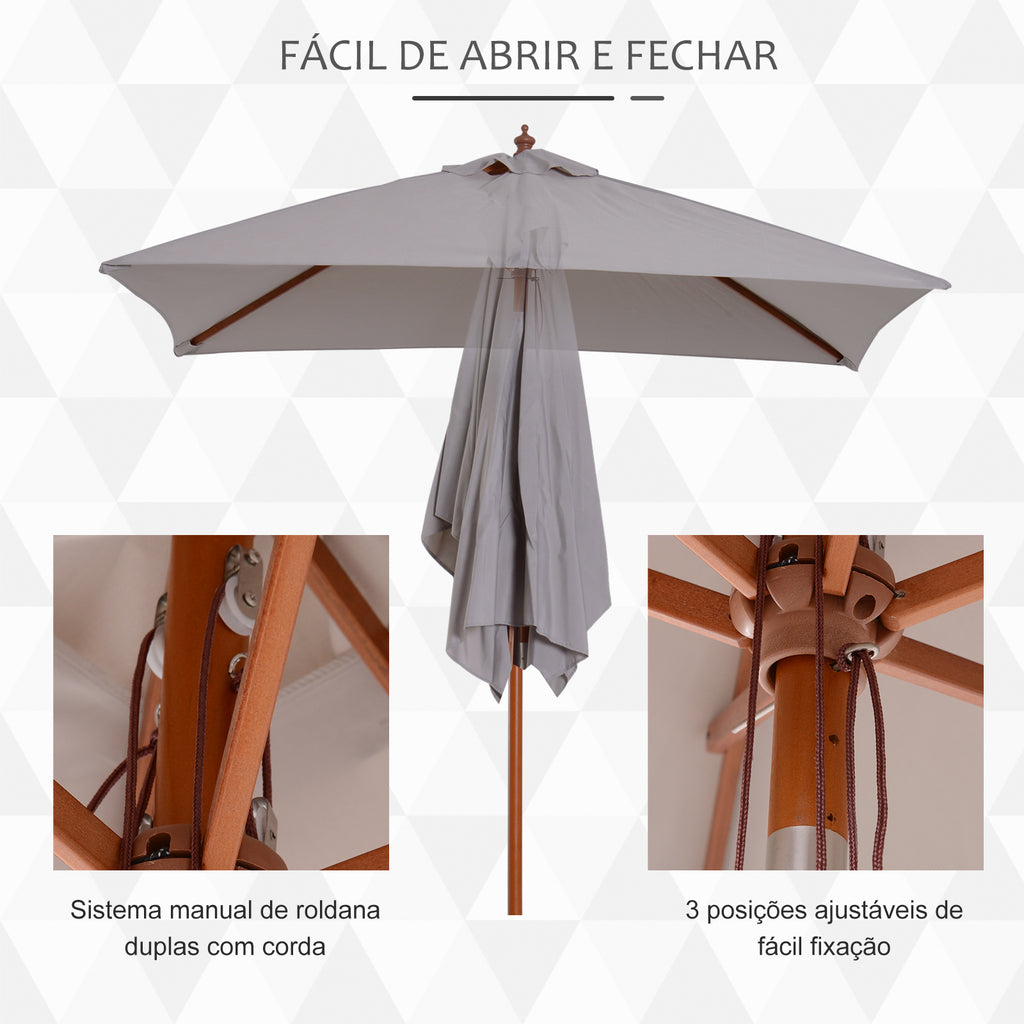 Chapéu de Sol de Jardim 200x150x235cm Chapéu de Sol Retangular Inclinável com Polia Duplo Teto e Mastro Desmontável de Madeira para Terraço Pátio Cinza — foto 6