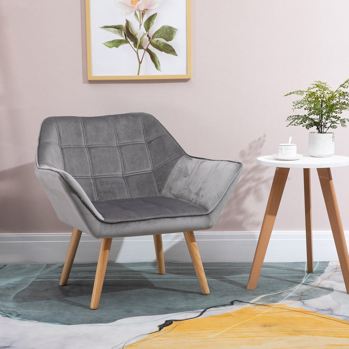 Poltrona Moderna Poltrona de Leitura Estofada em Veludo com Assento Amplo Pés em Madeira Poltrona Relax para Sala de Estar Quarto 67x61,5x71 cm Cinza — foto 2