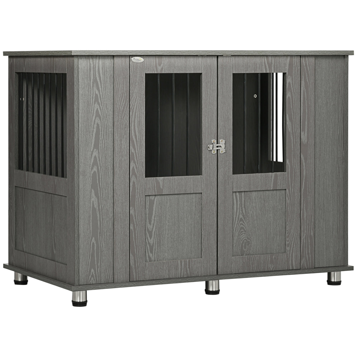 Gaiola para Cães Grandes Desmontável 2 em 1 Mesa Auxiliar com 2 Portas com Trava 4 Janelas e Pés Ajustáveis 114x60x82 cm Cinza — foto 1