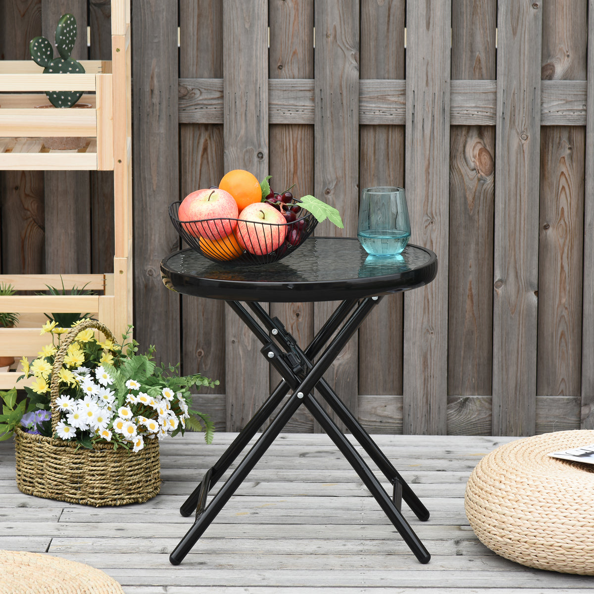 Mesa dobrável redonda de vidro Mesa de jardim com fivela de segurança borda coberta de metal interno e externo Ø45x50 cm Preto — foto 2