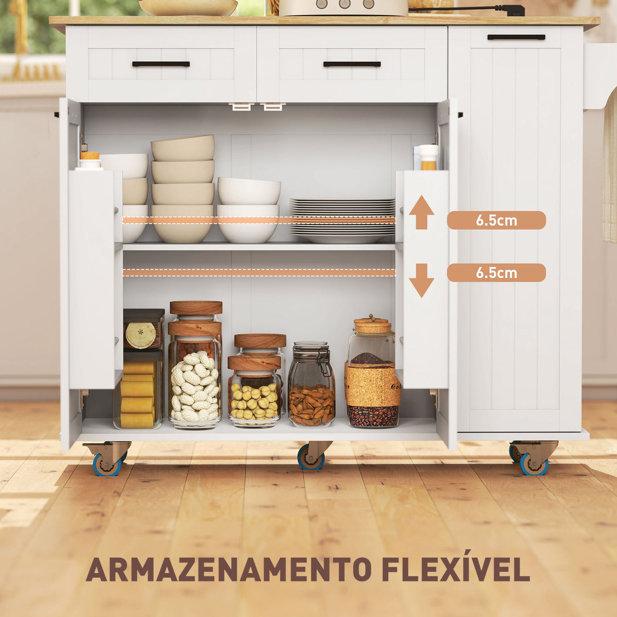 Ilha de Cozinha com Rodas Carrinho de Cozinha com Tomada USB Bancada Rebatível 2 Gavetas 2 Portas Prateleira Ajustável Porta-Temperos e Toalheiro 119,5x74x94,5 cm Branco — foto 7