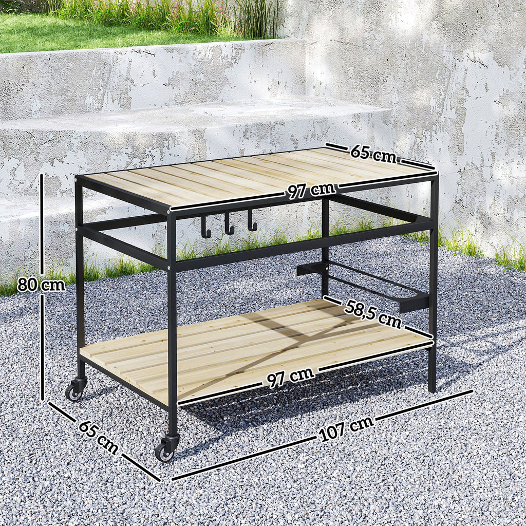 Carrinho Multifuncional com Rodas de Madeira Carrinho de Serviço com Bancada em Ripas 2 Prateleiras 3 Ganchos Carrinho para Jardim Varanda Pátio 107x65x80 cm Madeira — foto 3