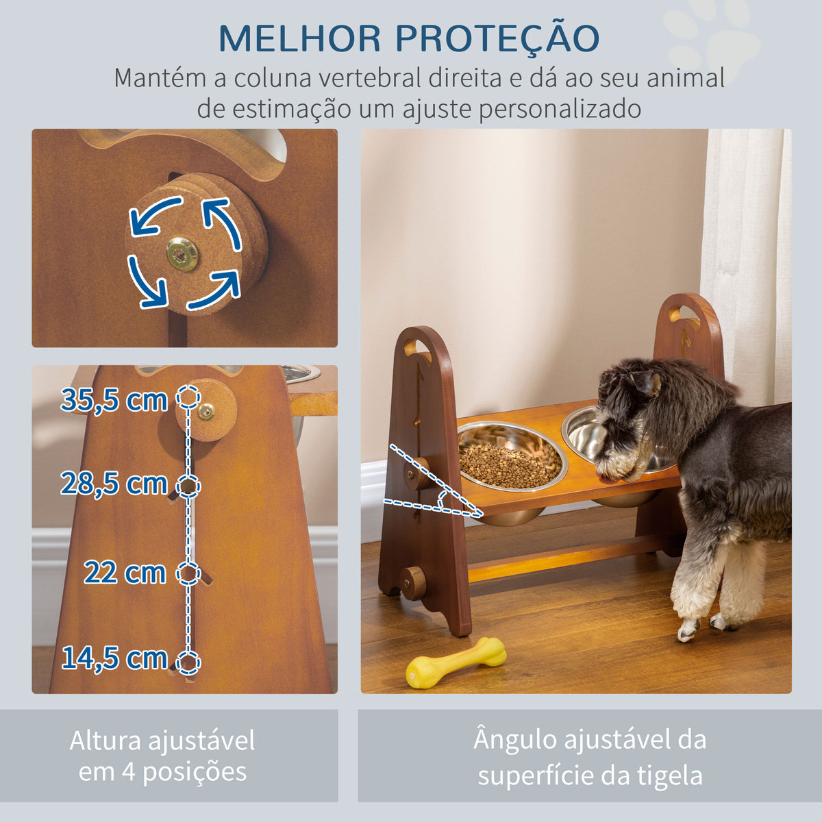 Comedouro Elevado para Cães com 2 Tigelas de 1250ml e Altura Ajustável em 4 Níveis Comedouro para Animais de Estimação com Tigelas de Aço Inoxidável e Base Antiderrapante 49x25x41cm Marrom — foto 6