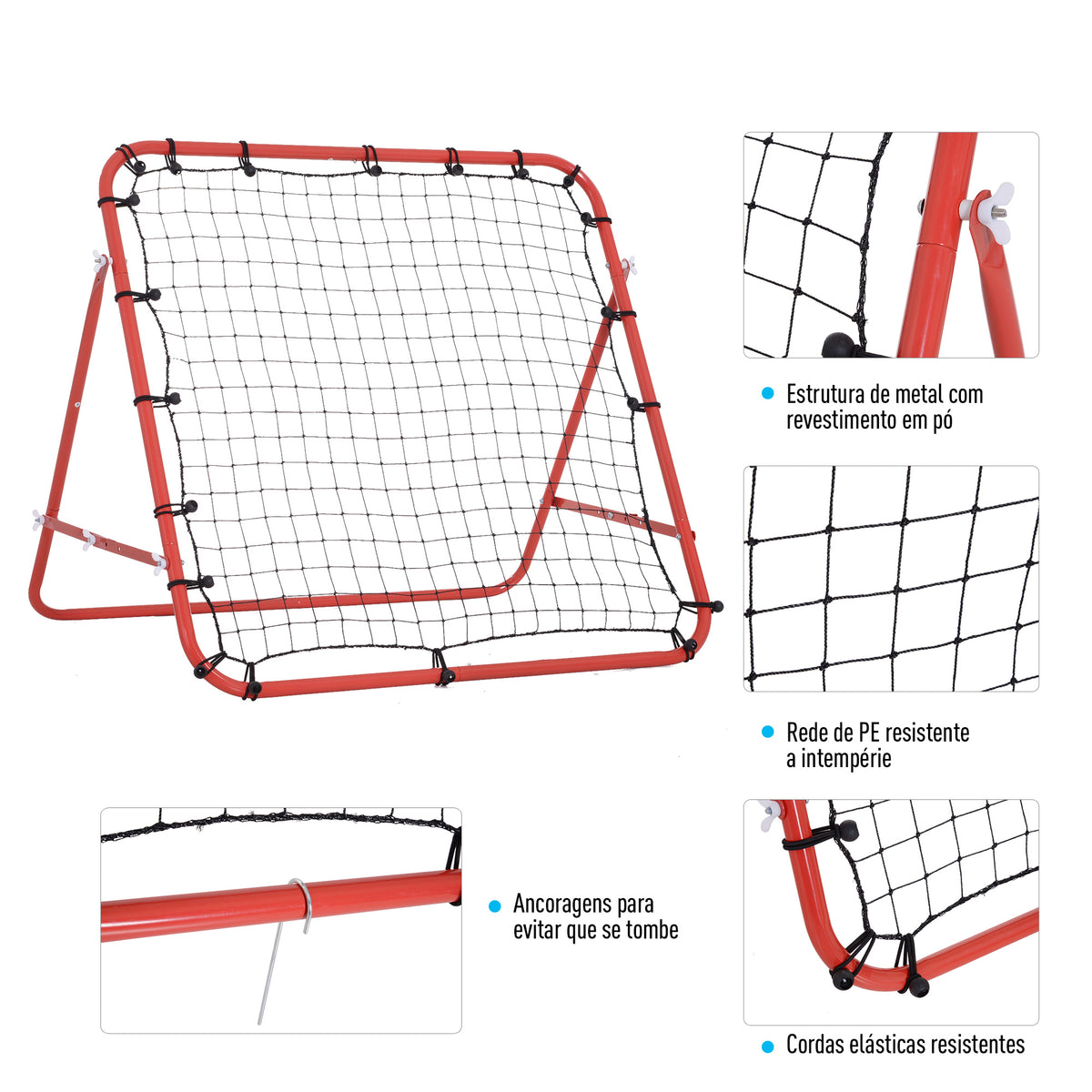 Rede de Rebote de Metal Rede de Rebote com Ângulo Ajustável e 20 Cordas Elásticas para Treinamento de Futebol Tenis Beisebol Desportes 96x80x96cm Vermelho — foto 6