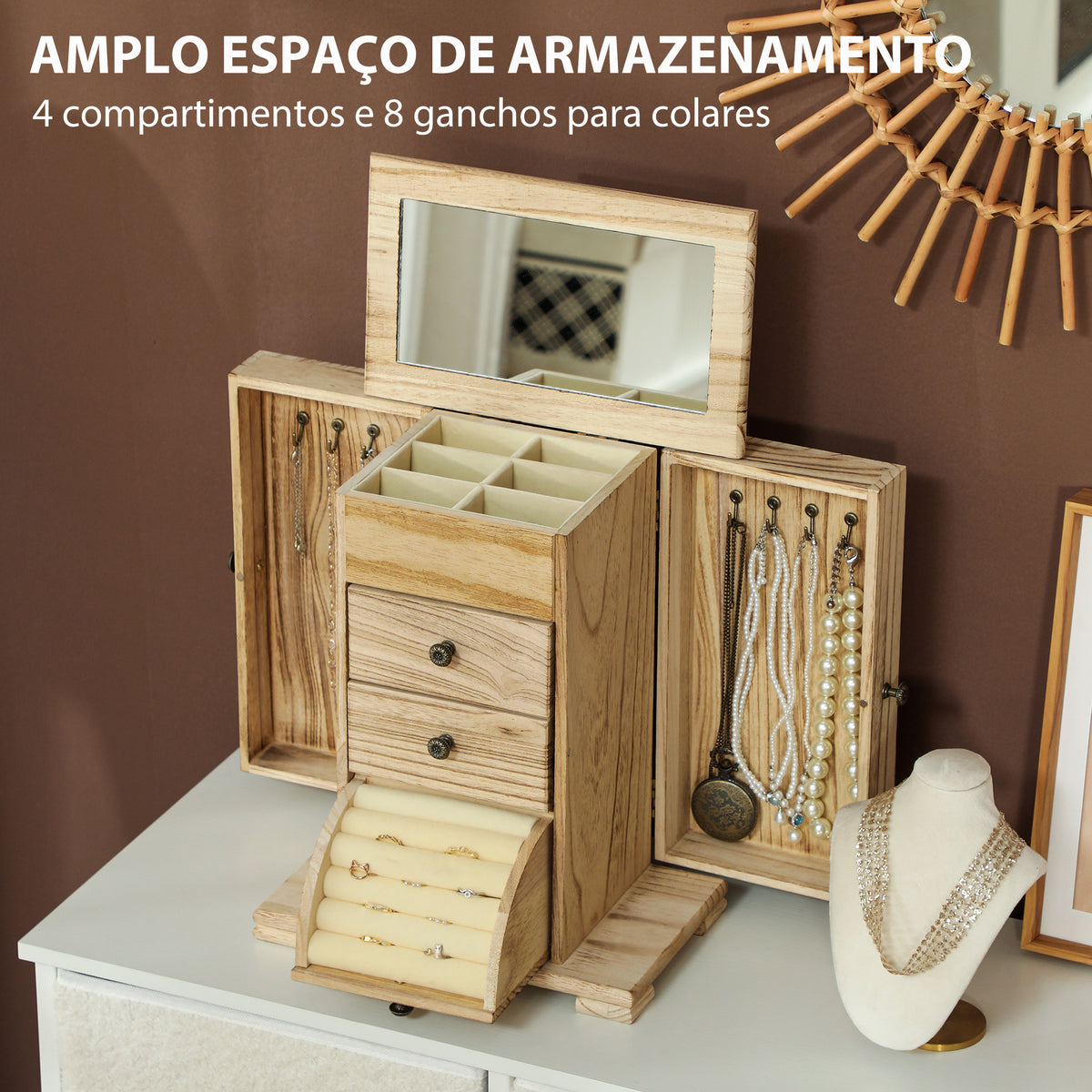 Caixa Joias de Madeira de 4 Níveis Organizador de Joias Grande com 2 Gavetas Espelho para Brincos Anéis Colares 26,5x16x33,5 cm Madeira — foto 4