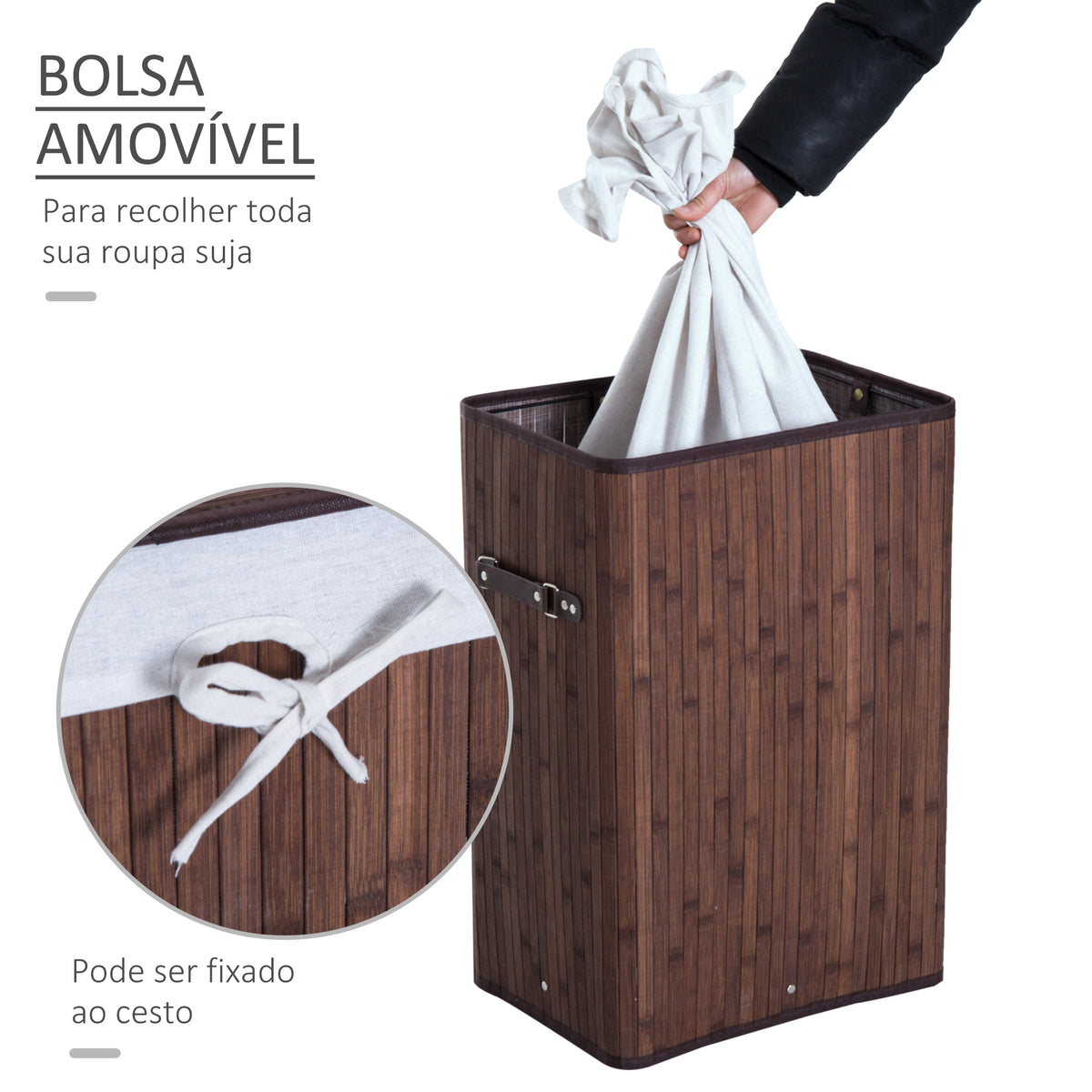 Cesto de Roupa de Bambu Dobrável Cesto para Roupa Suja 70L com Tampa e Bolsa Amovível para Lavandaria Casa de Banho 40x30x60 cm Marrom — foto 5