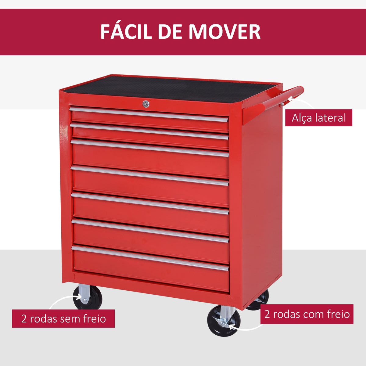 Carrinho de Ferramentas com 7 Gavetas, Carrinho de Oficina com Fechadura, Pega, 2 Rodas com Travão, para Garagem, Casa, Vermelho — foto 6