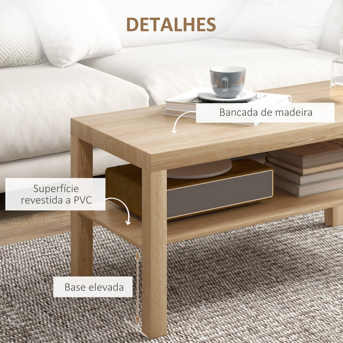 Mesa de Centro Moderna Mesa Auxiliar com Prateleira para Sala de Estar Escritório Capacidade de Carga: 50 kg 90x45x44,5 cm Madeira — foto 6