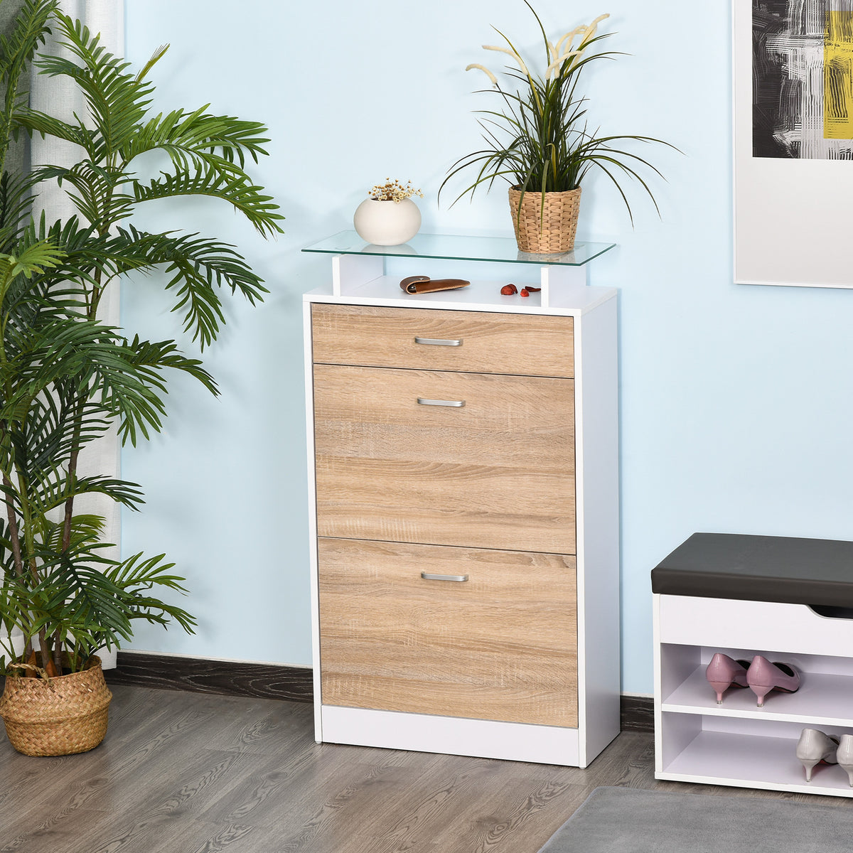Móvel Sapateira de 2 Portas Sapateira Estreita para 12 Pares de Sapatos com Gaveta Prateleira Aberta e Bancada de Vidro para Corredor Entrada Carga Máx. 50kg 60x24x105,5cm Branco — foto 2