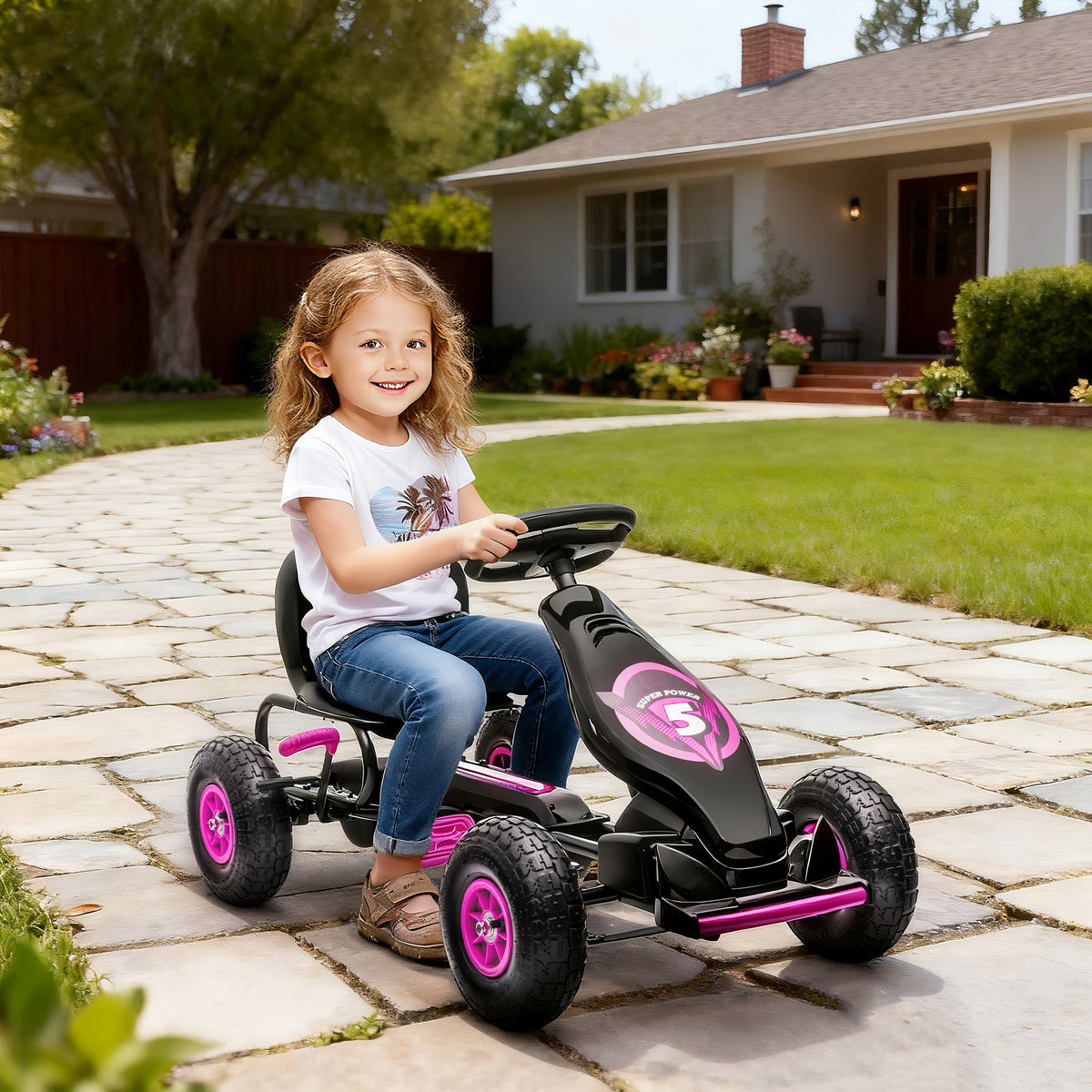 Kart a Pedais para Crianças 5-12 Anos Kart a Pedais Infantil com Assento Ajustável Pneus Insufláveis Amortecimento e Travão de Mão Carga Máx. 50kg 121x58x61 cm Rosa — foto 2