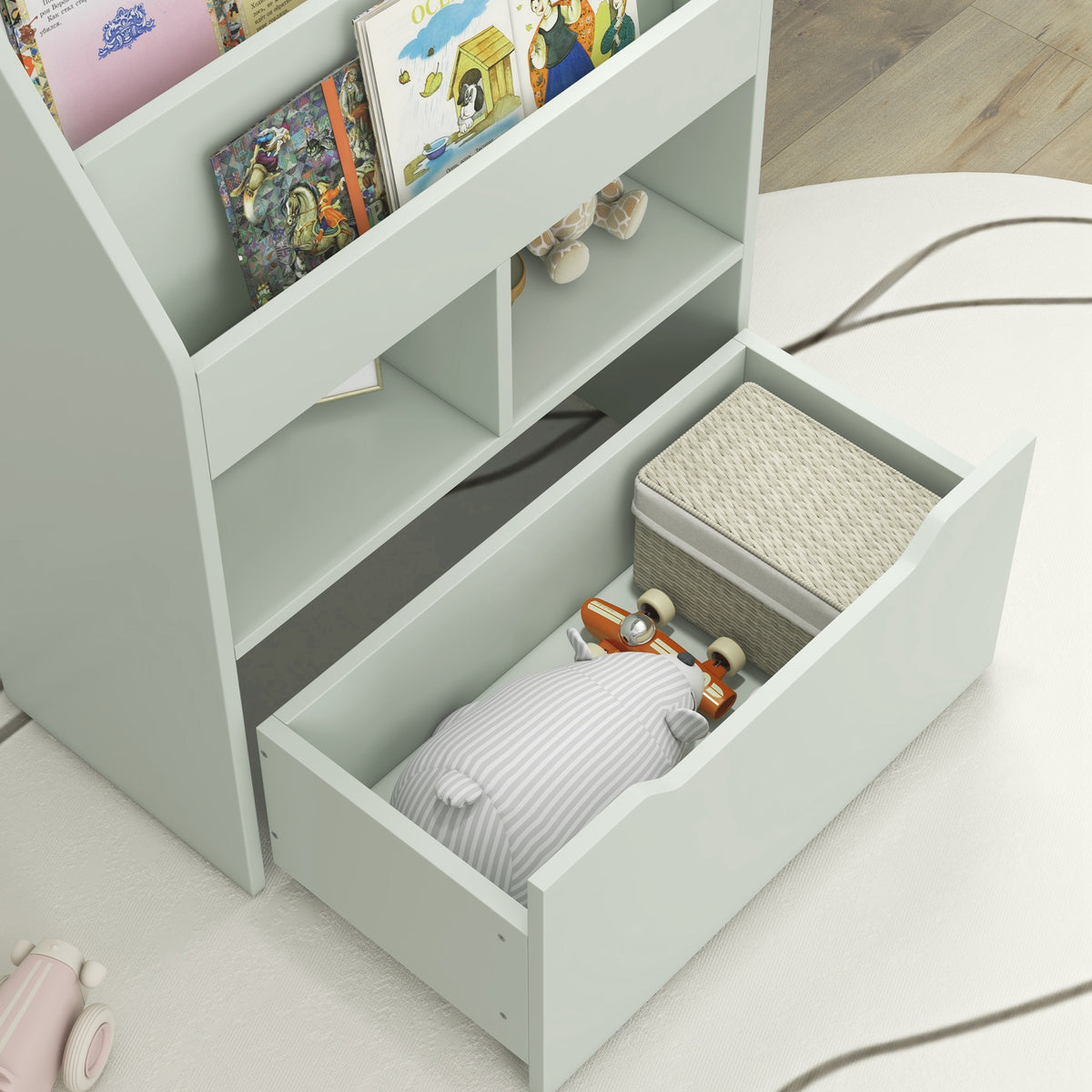 Estante de Madeira para Brinquedos com 3 Compartimentos 2 Prateleiras e Gaveta Móvel com 4 Rodas Estante para Livros Infantil para Dormitório Infantil Sala de Jogos 60x29,9x90 cm Verde — foto 8