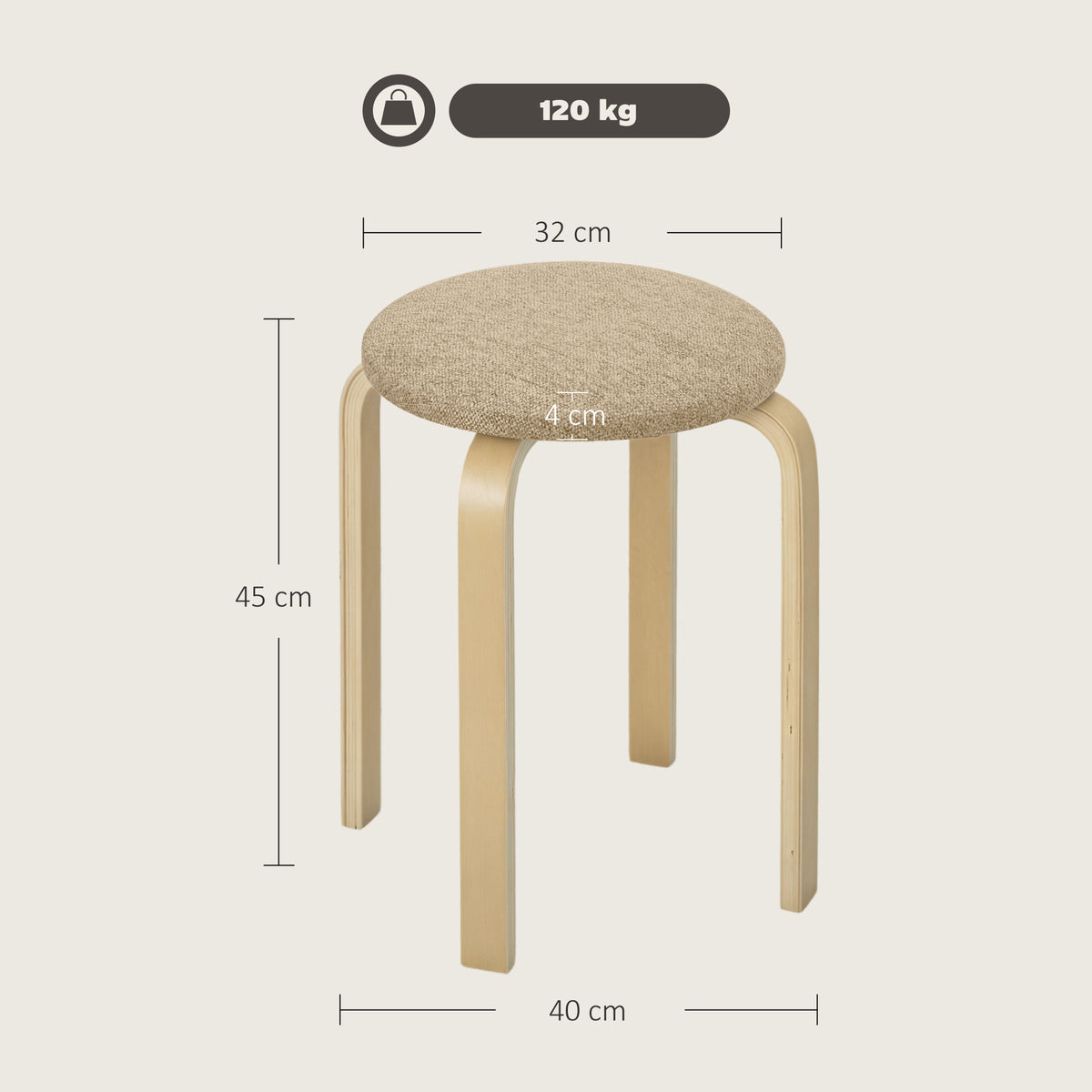 Conjunto de 4 Bancos Empilháveis Redondos Bancos Baixos de Cozinha com Assento Acolchoado para Sala de Jantar Quarto Escritório Sala Caqui e Madeira — foto 3