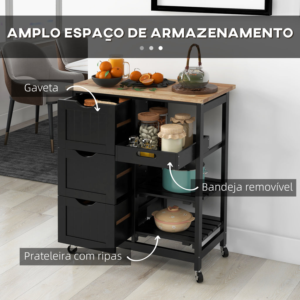 Carrinho de Cozinha com Rodas Carrinho de Serviço Multiuso com 3 Gavetas 2 Prateleiras Abertas e Bandeja para Sala de Jantar Sala de Estar 67x37x85,5 cm Preto — foto 4