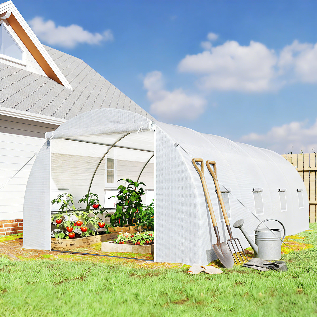 Estufa Tipo Túnel 595x300x200cm com 8 Janelas e Cobertura de Polietileno para Cultivo de Plantas Estrutura de Aço 24mm para Jardim Branco — foto 2