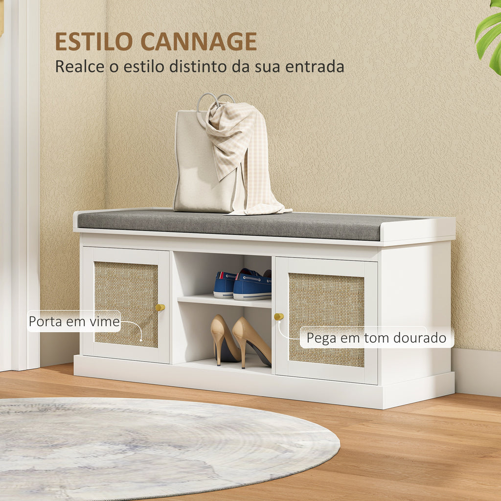Banco Sapateira Móvel Sapateira Boémio com Assento Acolchoado Portas com Frente em Vime Prateleira Aberta Prateleira Ajustável para 9 Pares de Sapatos para Entrada 105x35x47 cm Branco — foto 4